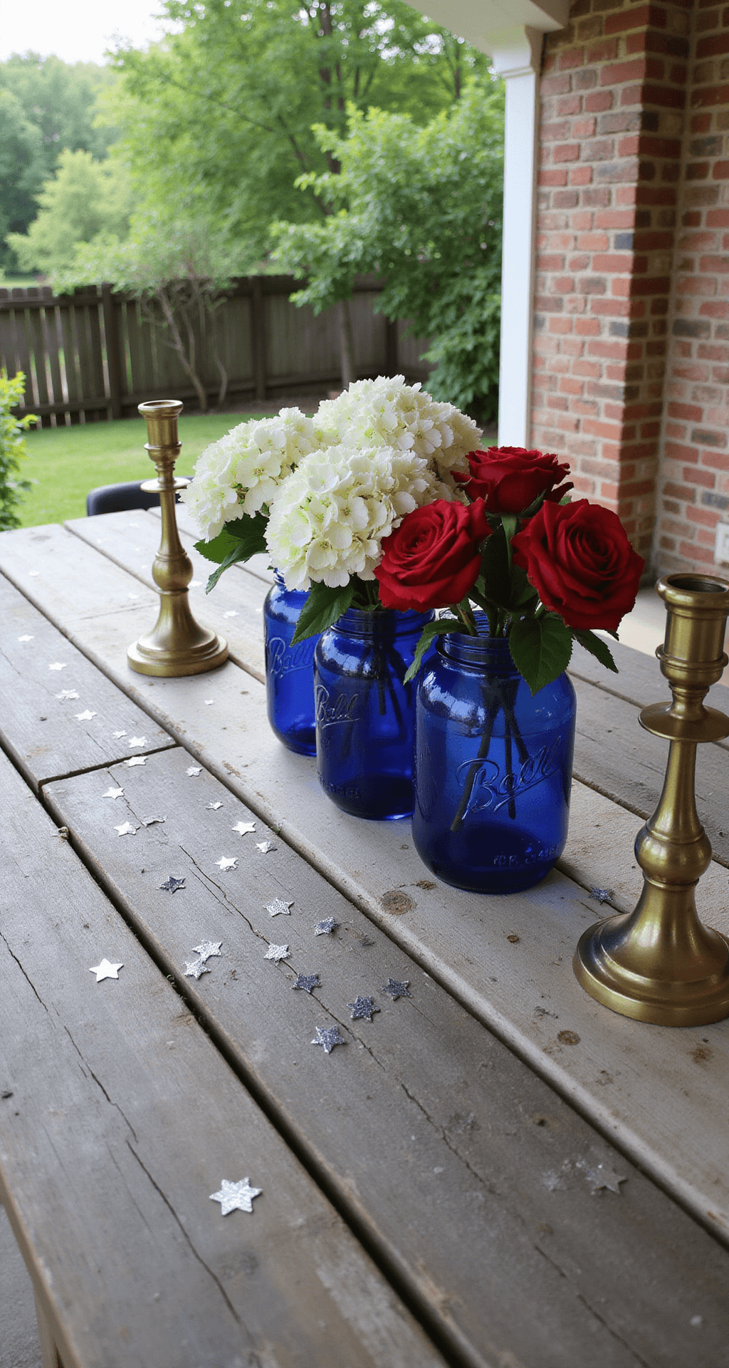 A sunlit outdoor patio features a farmhouse-style dining table adorned with a patriotic centerpiece of cobalt blue ginger jars filled with white hydrangeas and red roses, set against weathered brick walls. Vintage brass candlesticks and silver star confetti accent the scene.