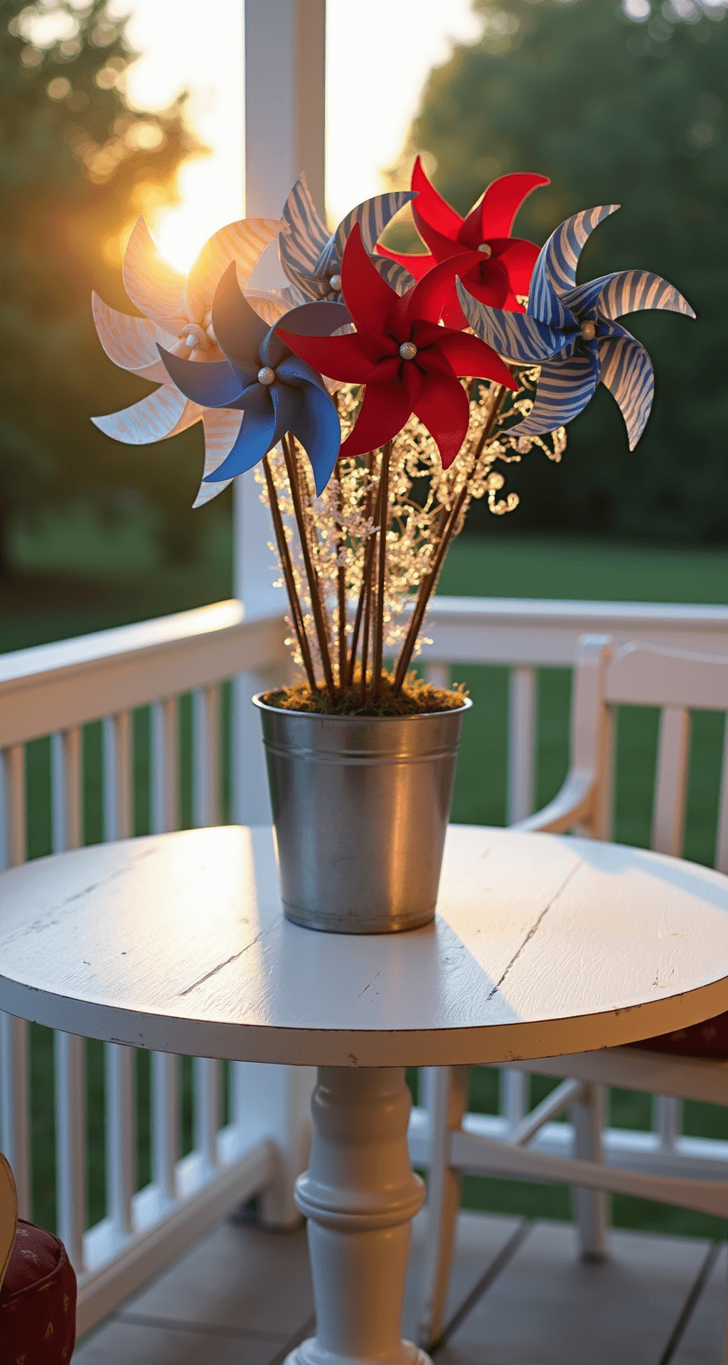 An intimate covered porch at golden hour featuring a round pedestal table with a DIY pinwheel centerpiece, showcasing red, white, and blue pinwheels in a brushed silver container. Twirling metallic ribbons add dynamic flair, while soft sunlight casts shadows across vintage white-painted furniture, captured from above to emphasize the spiral patterns.