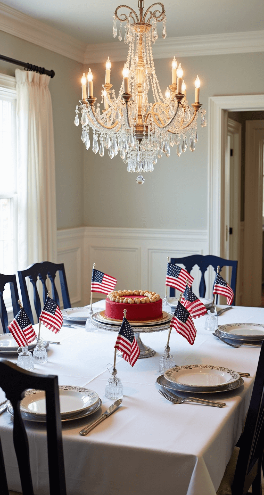 A bright dining room featuring classic wainscoting and crown molding, with an 8ft rectangular table set with pressed white linens and a centerpiece of patriotic desserts on an elevated cake stand, surrounded by miniature American flags in mercury glass holders, all illuminated by a crystal chandelier.