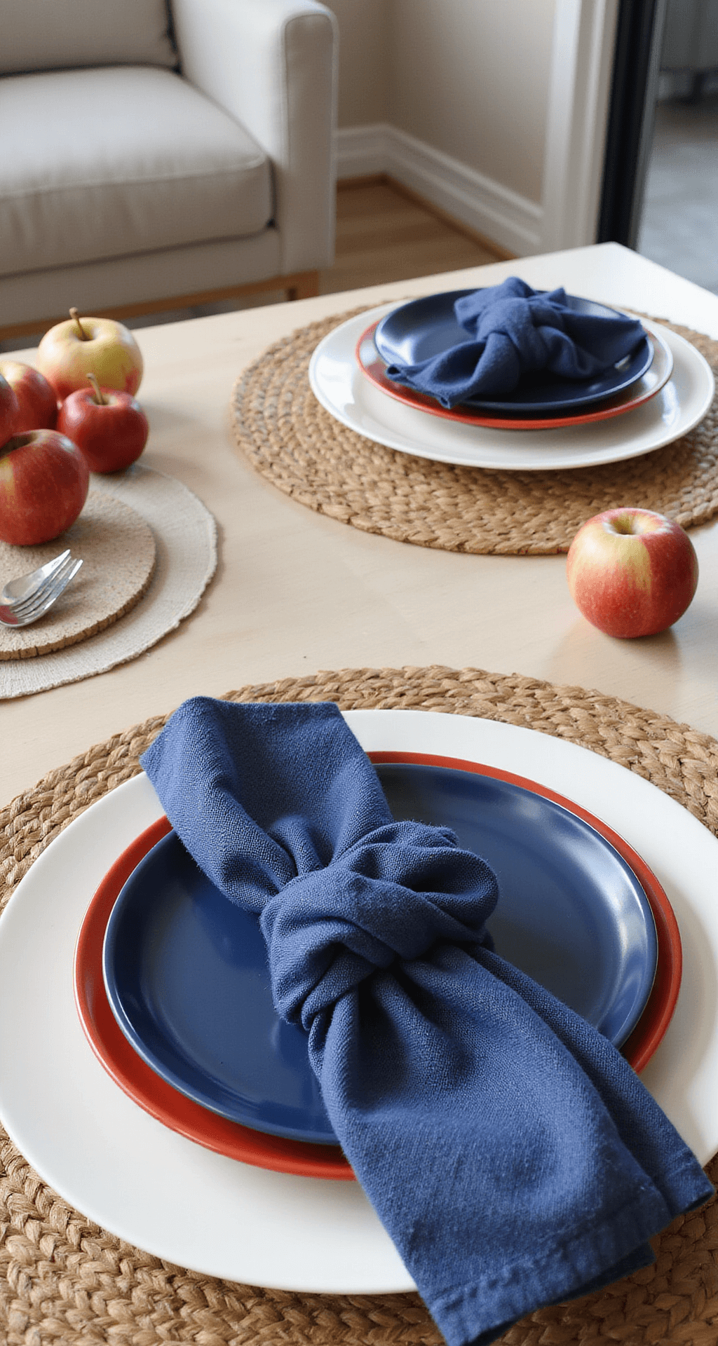An overhead view of a modern open-concept kitchen-dining space featuring layered place settings with matte navy, glossy white, and textured red plates, each adorned with nautical-knotted blue linen napkins, placed atop woven hyacinth chargers, all illuminated by soft morning light that enhances the texture and ocean-inspired palette.