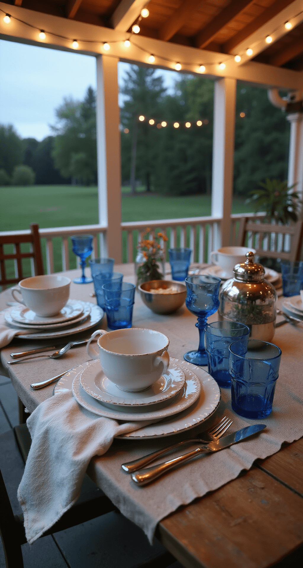 A cozy screened-in porch at dusk, adorned with string lights, featuring a vintage-inspired tablescape with mixed blue drinking glasses, white china, and indigo linen star-shaped napkins, highlighted in warm amber lighting.