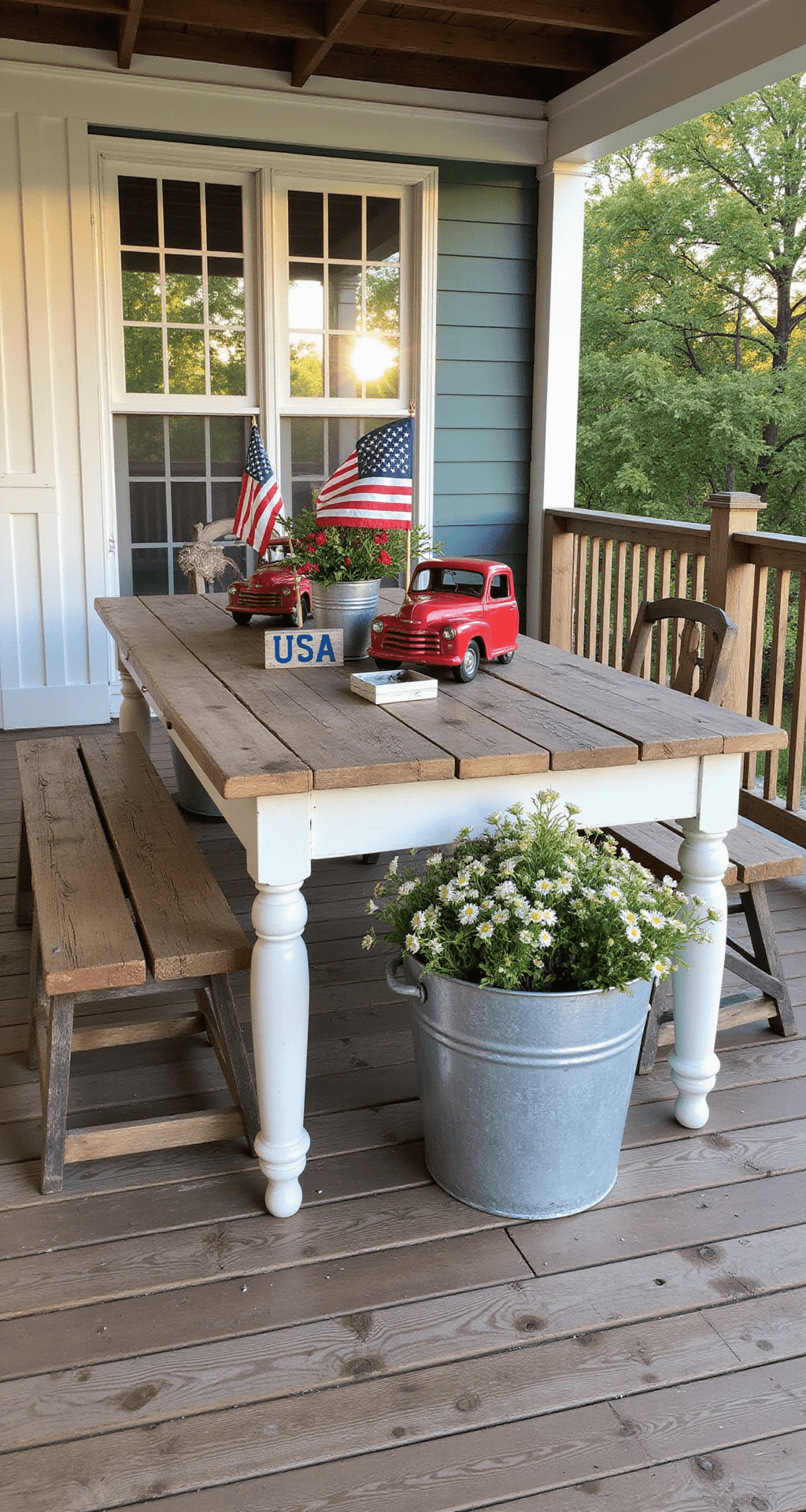 A rustic covered deck in late afternoon light features a farmhouse table adorned with patriotic accents, including vintage metal trucks with mini flags, weathered wood USA signs, and galvanized buckets filled with wildflowers, all in distressed red, colonial blue, aged white, and natural wood tones. Shot from a three-quarter view to emphasize depth.