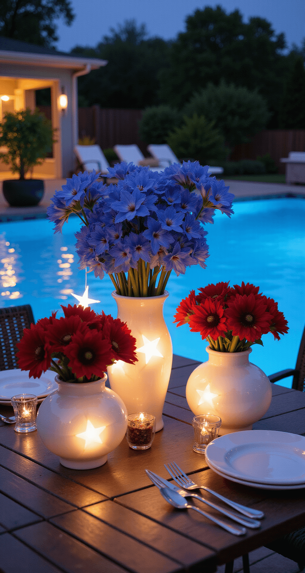 Contemporary poolside dining area featuring minimalist patriotic decor at twilight, with white ceramic vessels holding blue delphiniums and red amaryllis, LED-lit star sculptures, and dramatic uplighting, all captured from a low angle to highlight height variation.