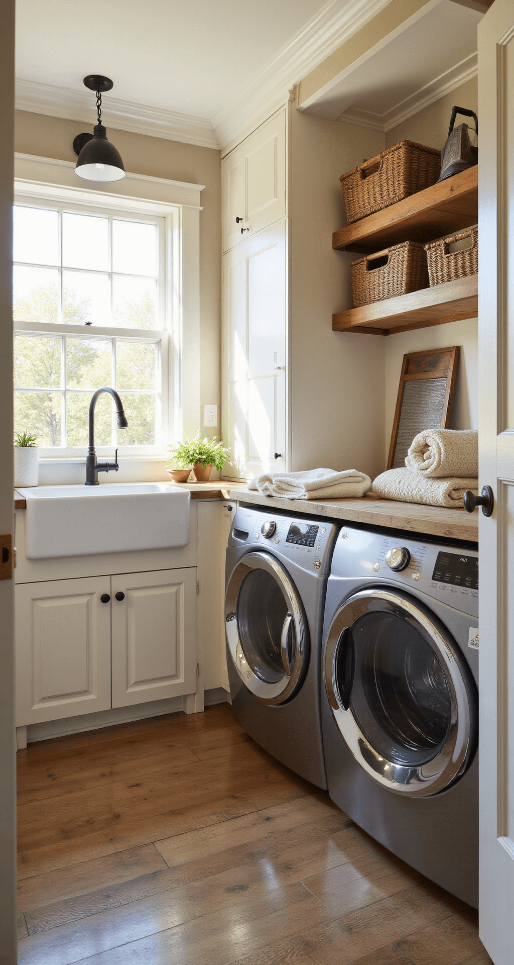 A spacious farmhouse-style laundry room featuring recessed-panel cabinets in creamy white, a deep farmhouse sink, and brushed steel washer and dryer beneath a butcher block countertop, illuminated by warm afternoon sunlight streaming through large windows. Wide-plank oak flooring and woven baskets on open shelving add rustic charm, while a vintage washboard and iron decorate the wall, creating a cozy, lived-in atmosphere.