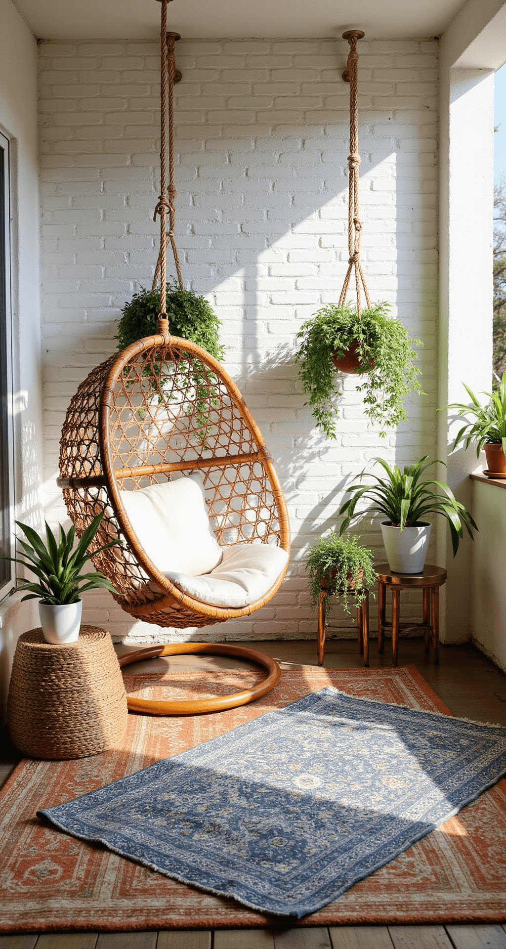 A sunlit bohemian-style patio features a rattan egg chair suspended from the ceiling, layered indigo and rust Turkish rugs, macramé plant hangers with pothos and spider plants, a white-painted brick backdrop, and brass accent tables, all creating a bright and airy atmosphere.