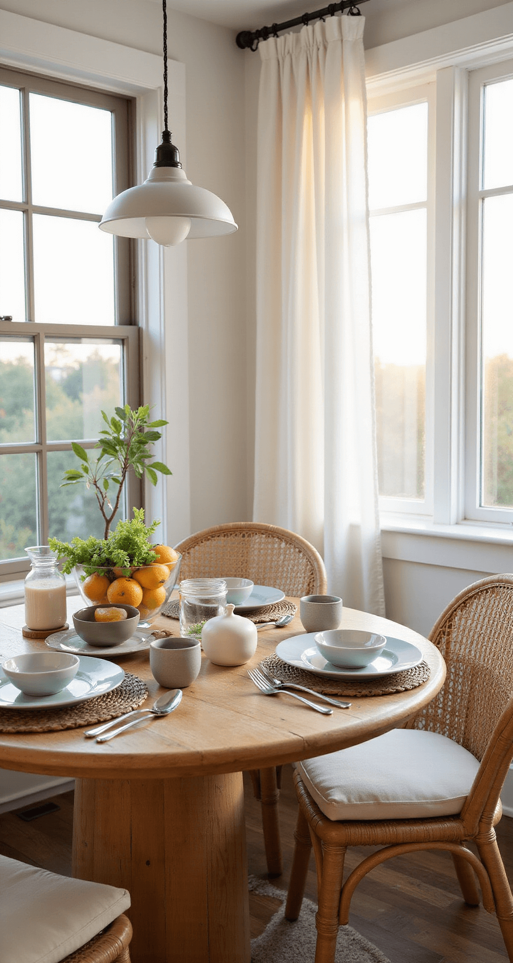 Intimate breakfast nook featuring a round rattan table adorned with coastal-inspired ceramics and a fresh citrus arrangement, illuminated by golden hour sunlight filtering through sheer white curtains, captured from a 45-degree elevated angle.