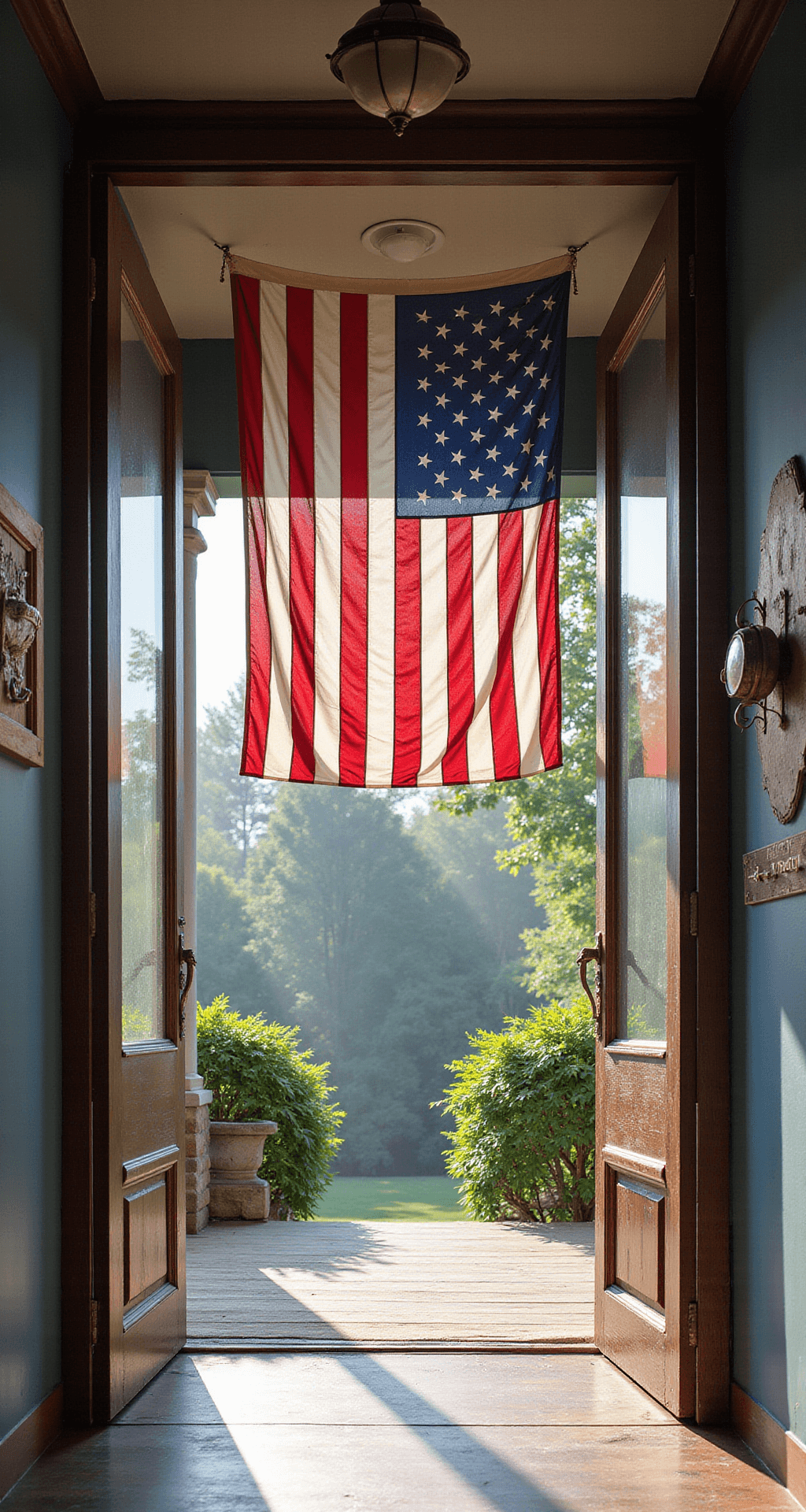 Wide-angle shot of a grand 20-foot covered porch with a central 6-foot traditional American flag flanked by vintage 48-star flags, basking in morning light that highlights weathered brass hardware against muted colonial blue walls, with a bokeh effect on background greenery.
