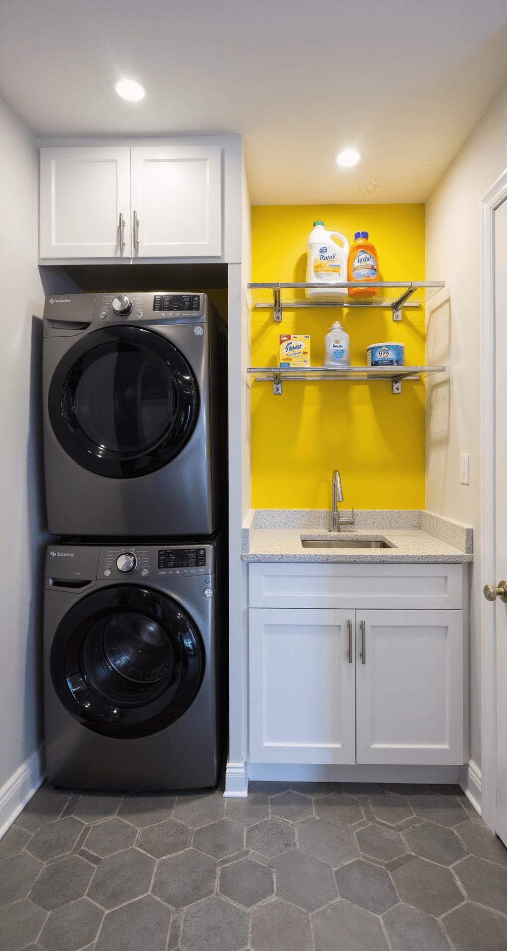 Modern compact laundry room with yellow accent wall, glossy white cabinets, matte black stacked washer and dryer, chrome floating shelves, quartz folding station, and hexagonal gray floor tiles, illuminated by cool LED track lighting.