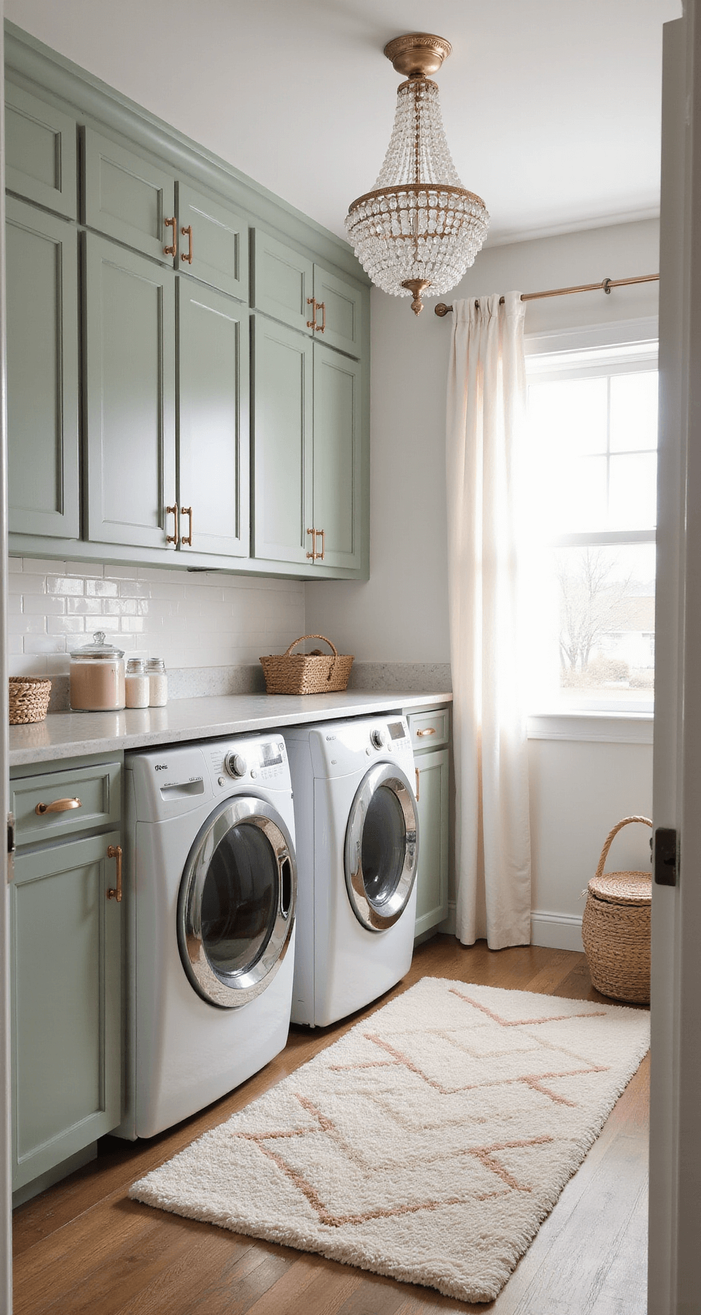 A stylish 10x12ft laundry room featuring sage green Shaker-style cabinets, a white front-loading washer and dryer beneath a marble countertop, and a vintage crystal chandelier, all bathed in soft morning light. Plush cream and blush rug on wood-look vinyl flooring, with woven baskets and glass canisters adding charm.
