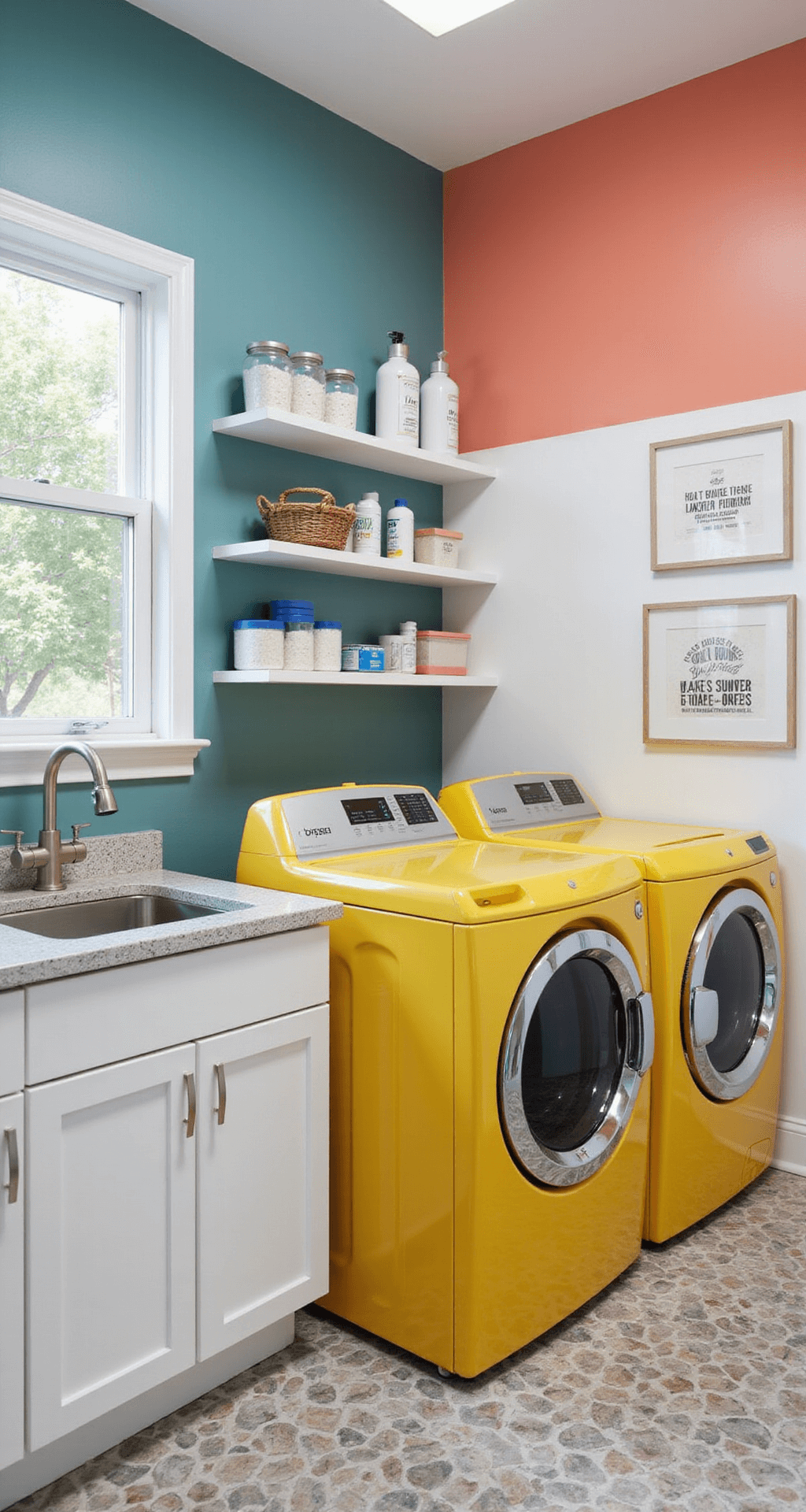 A vibrant laundry room featuring color-blocked walls in teal, coral, and white, with crisp white cabinets, a yellow washer and dryer, open shelving with organized laundry supplies, a stainless steel sink, geometric-patterned cement tiles, and quirky framed laundry pun prints.