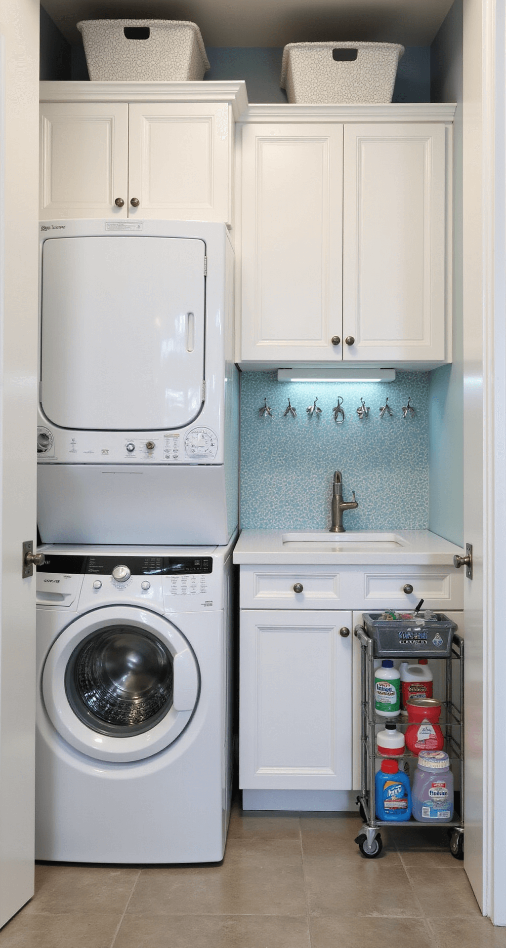 A stylish and efficient 6x8ft laundry closet featuring tall white cabinets, a stacked washer and dryer, a pull-out ironing board, mounted shelf baskets, hooks, a slim rolling cart for supplies, and whimsical bubble pattern removable wallpaper in blue, all illuminated by LED strip lighting.