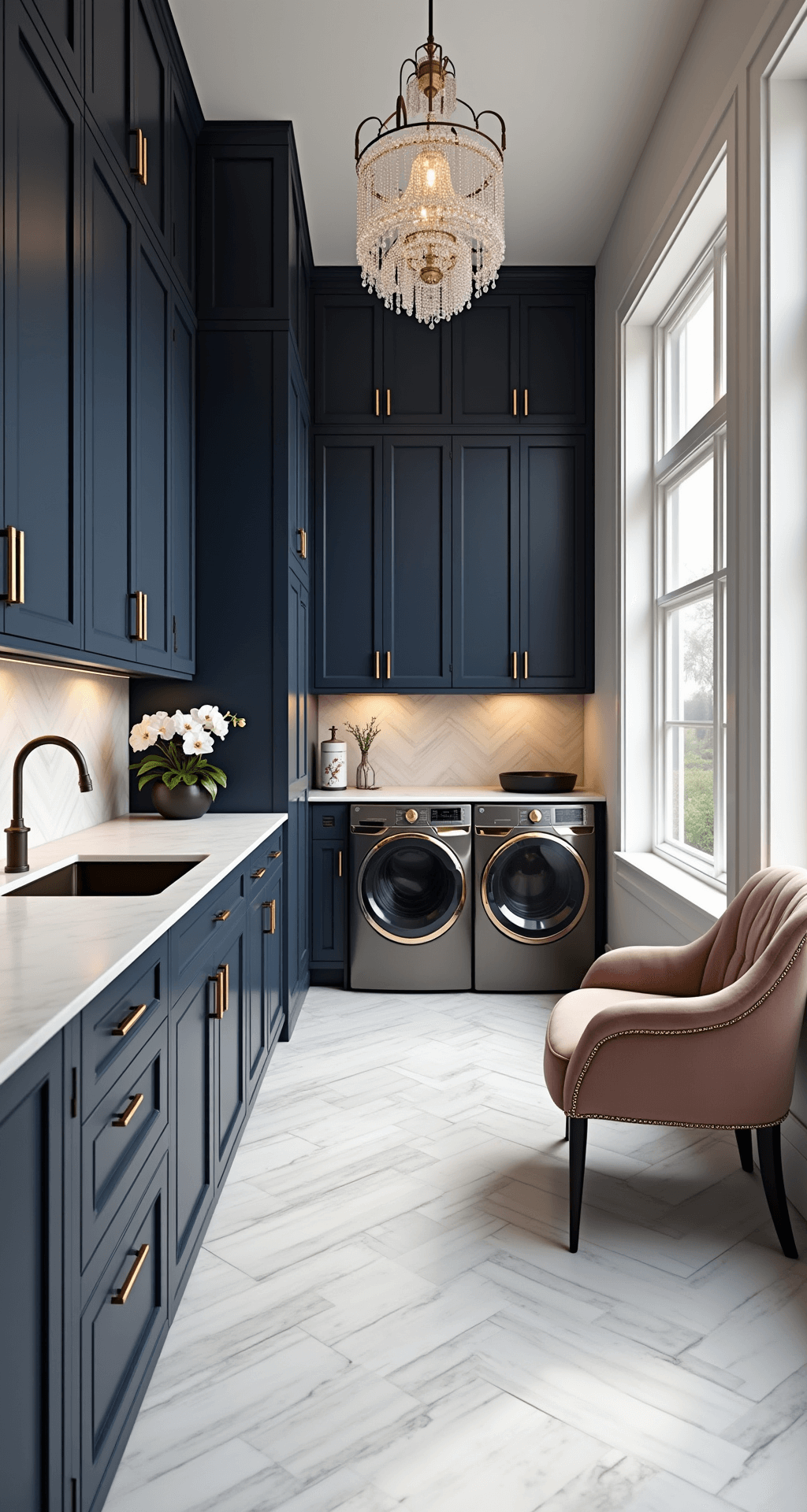 A luxurious laundry suite featuring rich navy cabinets, brass hardware, Carrara marble countertops, high-end washers and dryers, a vast folding island, and a crystal chandelier, all illuminated by soft, diffused light from frosted glass windows, with herringbone-patterned marble tiles and a blush velvet armchair adding elegance.