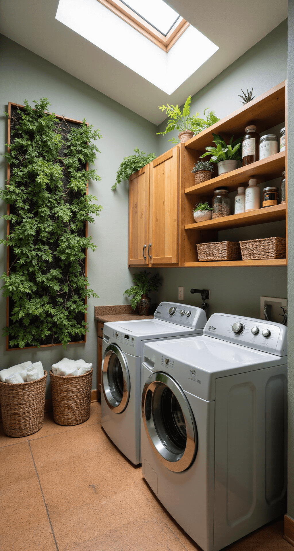 An eco-friendly laundry room featuring a large skylight, bamboo cabinets, energy-efficient appliances, reclaimed wood shelving with glass jars, a living wall of plants, cork flooring, and woven baskets, all in earthy tones.