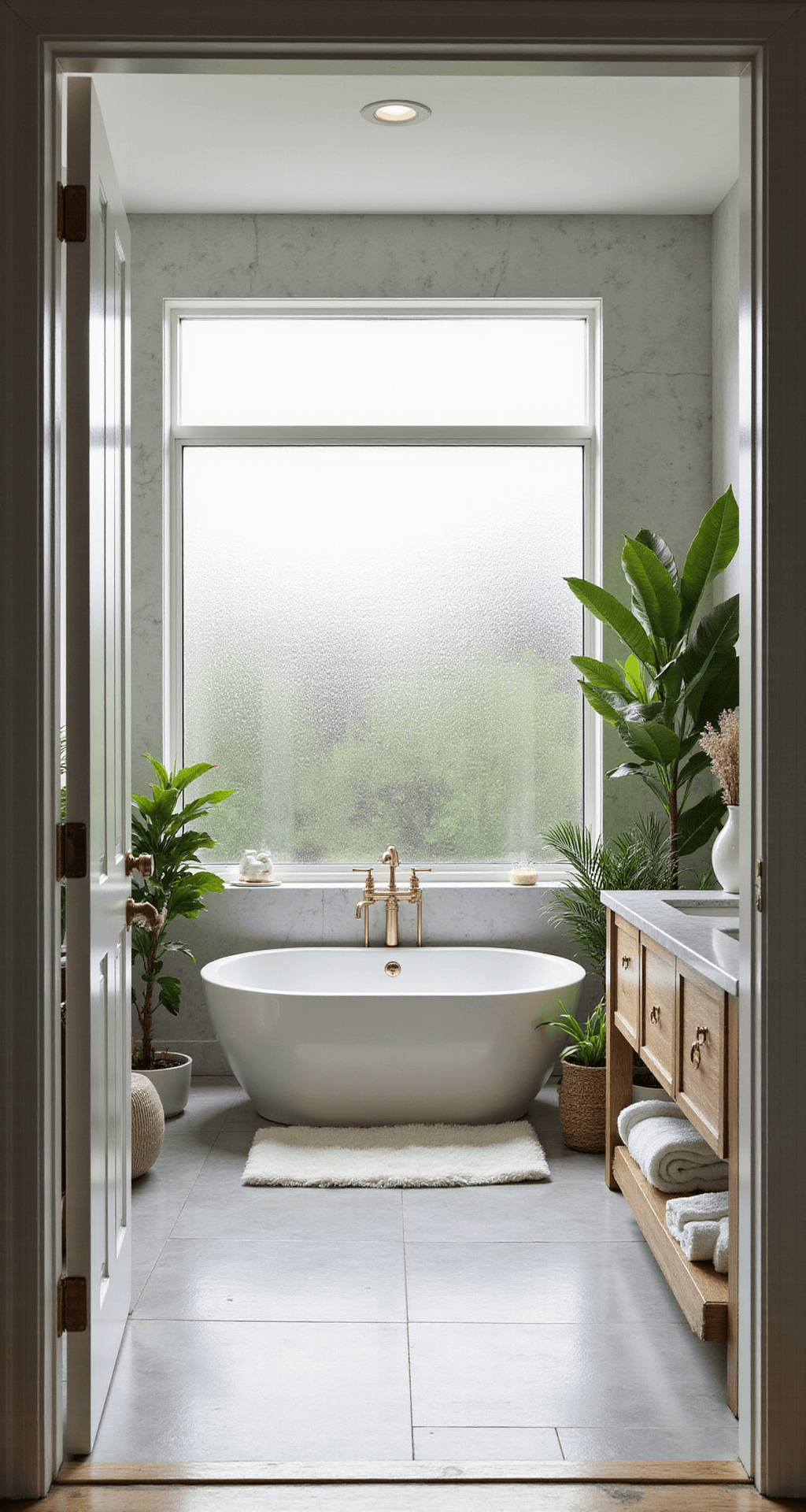 A spacious master bathroom with a freestanding white porcelain tub, pale gray marble tiles, a double vanity with quartz countertop, lush green plants, and a plush white area rug, bathed in soft morning light.