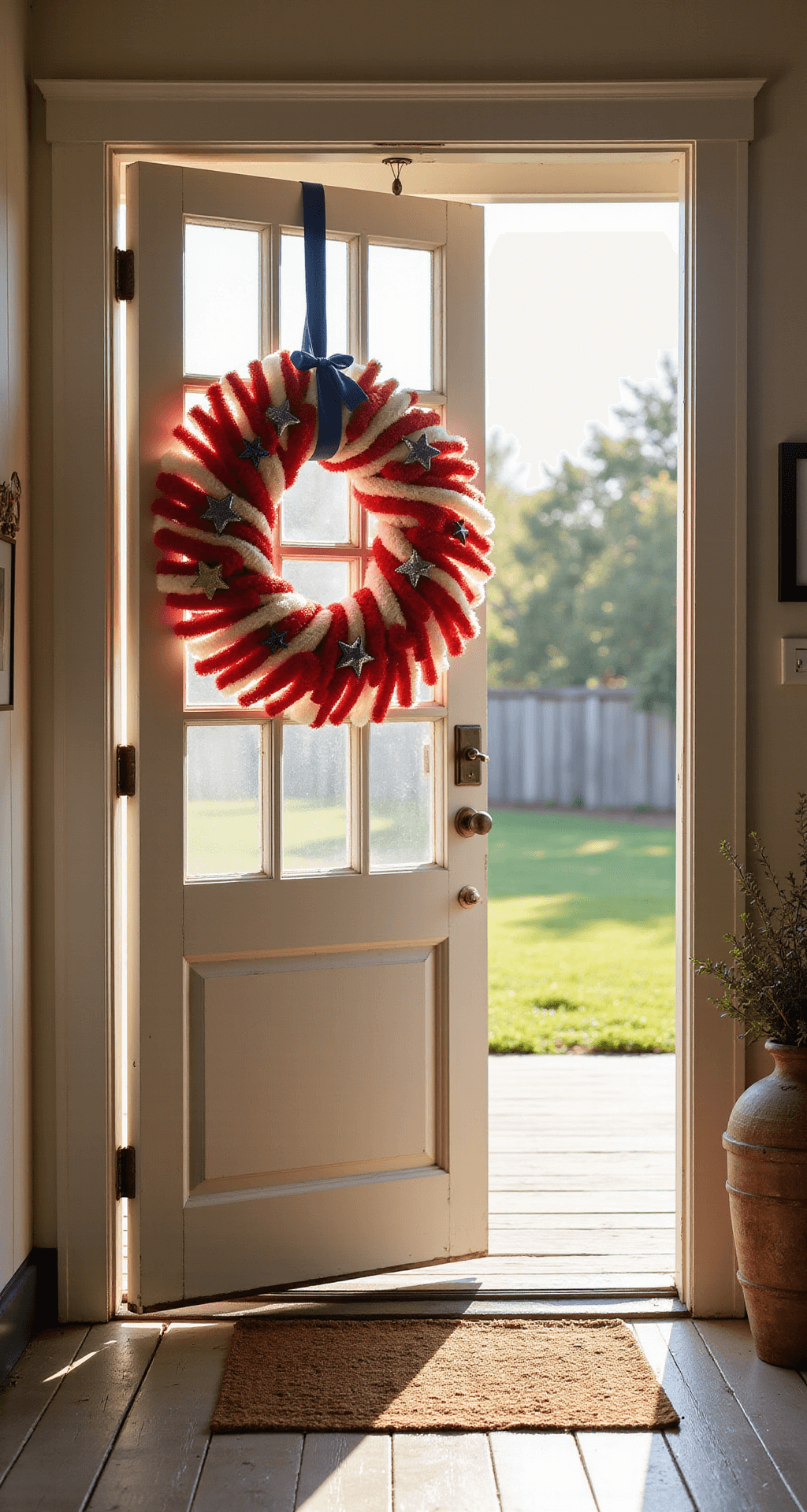A sunlit farmhouse entryway featuring a large patriotic wreath made of red and white striped pool noodles, adorned with metallic blue stars and ribbons, as golden hour light streams through a glass-paneled door, illuminating whitewashed wooden floorboards and vintage brass door hardware.