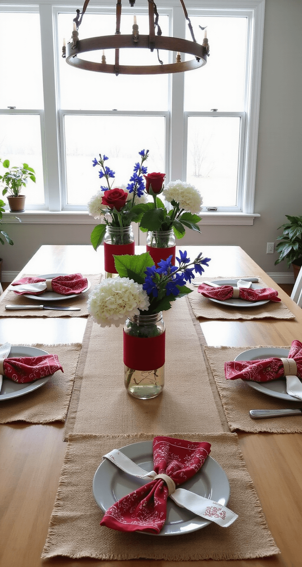 An airy open-concept dining space illuminated by mid-morning light, featuring a farmhouse table with handcrafted burlap and white placemats, three mason jar vases wrapped in vintage bandanas filled with white hydrangeas, red roses, and blue delphiniums, captured at eye level with detailed place settings and a mood of refined casual elegance.