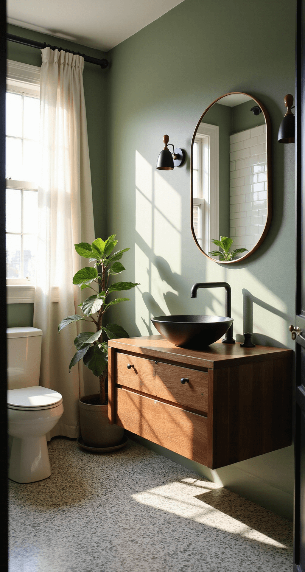 A cozy, sunlit guest bathroom featuring sage green walls, white subway tile, a walnut floating vanity with a vessel sink, a brass-framed mirror, and patterned cement floor tiles, all enhanced by a tall fiddle leaf fig plant.