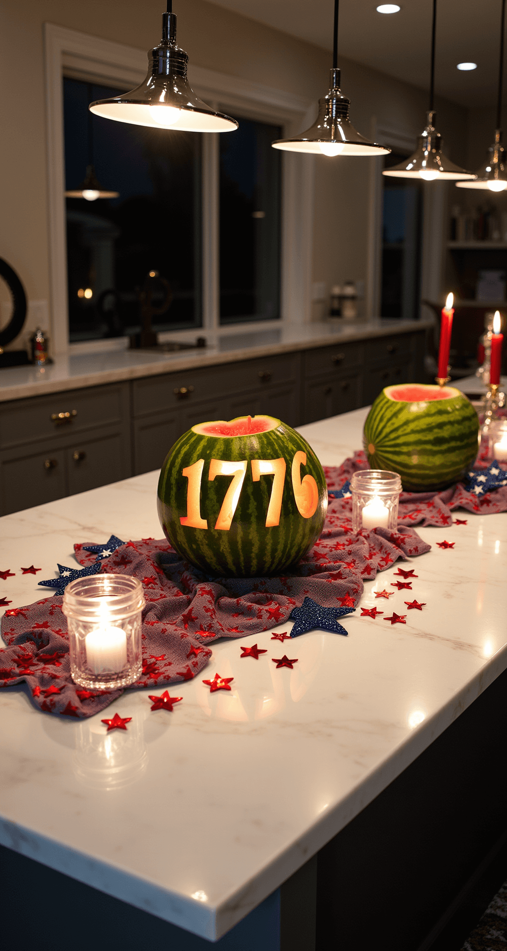 A modern kitchen island styled for July 4th features a carved watermelon centerpiece with '1776,' illuminated by pendant lights. Surrounding elements include mercury glass votives, scattered stars, and mini American flags atop a white marble countertop, all captured from a 45-degree elevated angle with dramatic overhead lighting.