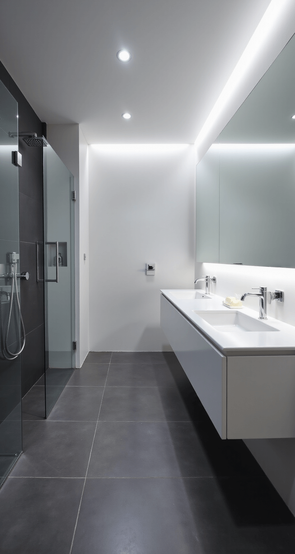 Modern bathroom featuring cool LED lighting, sleek charcoal tiles, a high-gloss white floating double vanity with undermount sinks, a frameless glass shower enclosure, and a backlit mirror, all designed for a sophisticated urban feel.