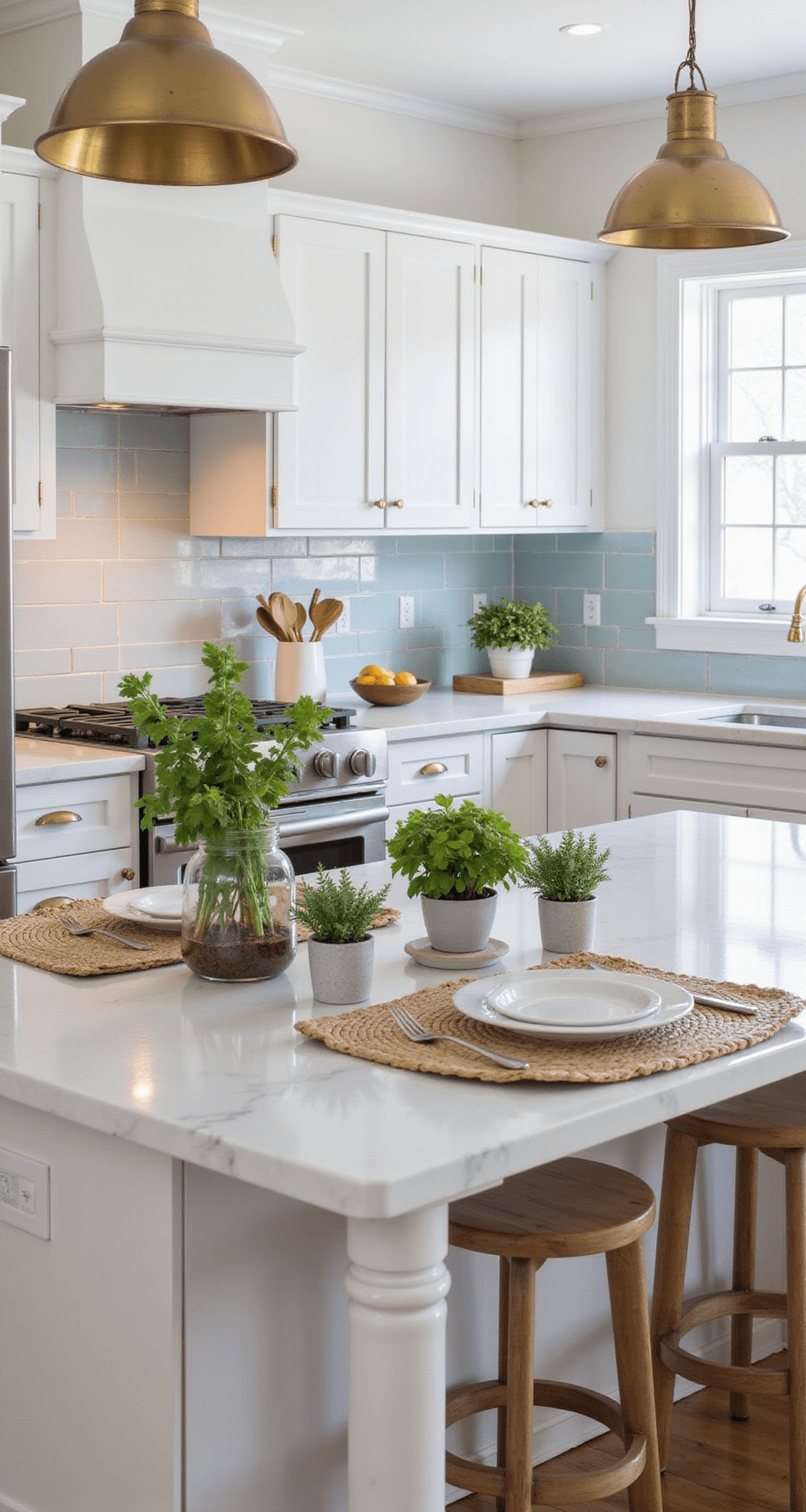 Modern farmhouse kitchen with white shaker cabinets and pale blue subway tile backsplash, featuring a marble-topped island adorned with potted herbs and woven placemats, enhanced by brass hardware. The scene is illuminated by mid-morning light and warm under-cabinet lighting, emphasizing clean lines and organic details.