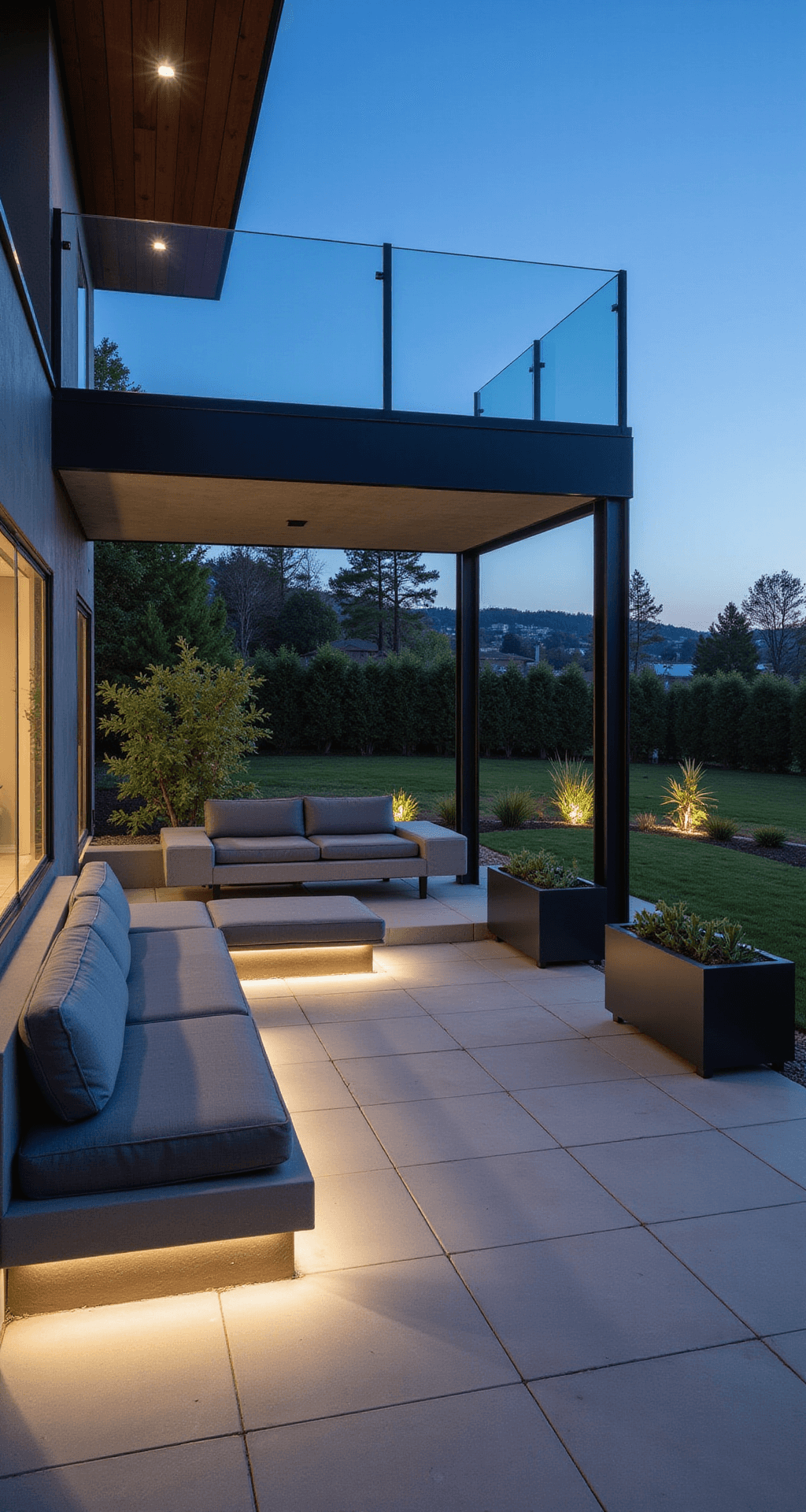 A contemporary patio at twilight featuring a minimalist gray outdoor sofa, integrated LED strip lighting under built-in benches, sleek metal planters with architectural succulents, glass wind barriers, and cool-toned evening lighting that highlights the modern aesthetic.
