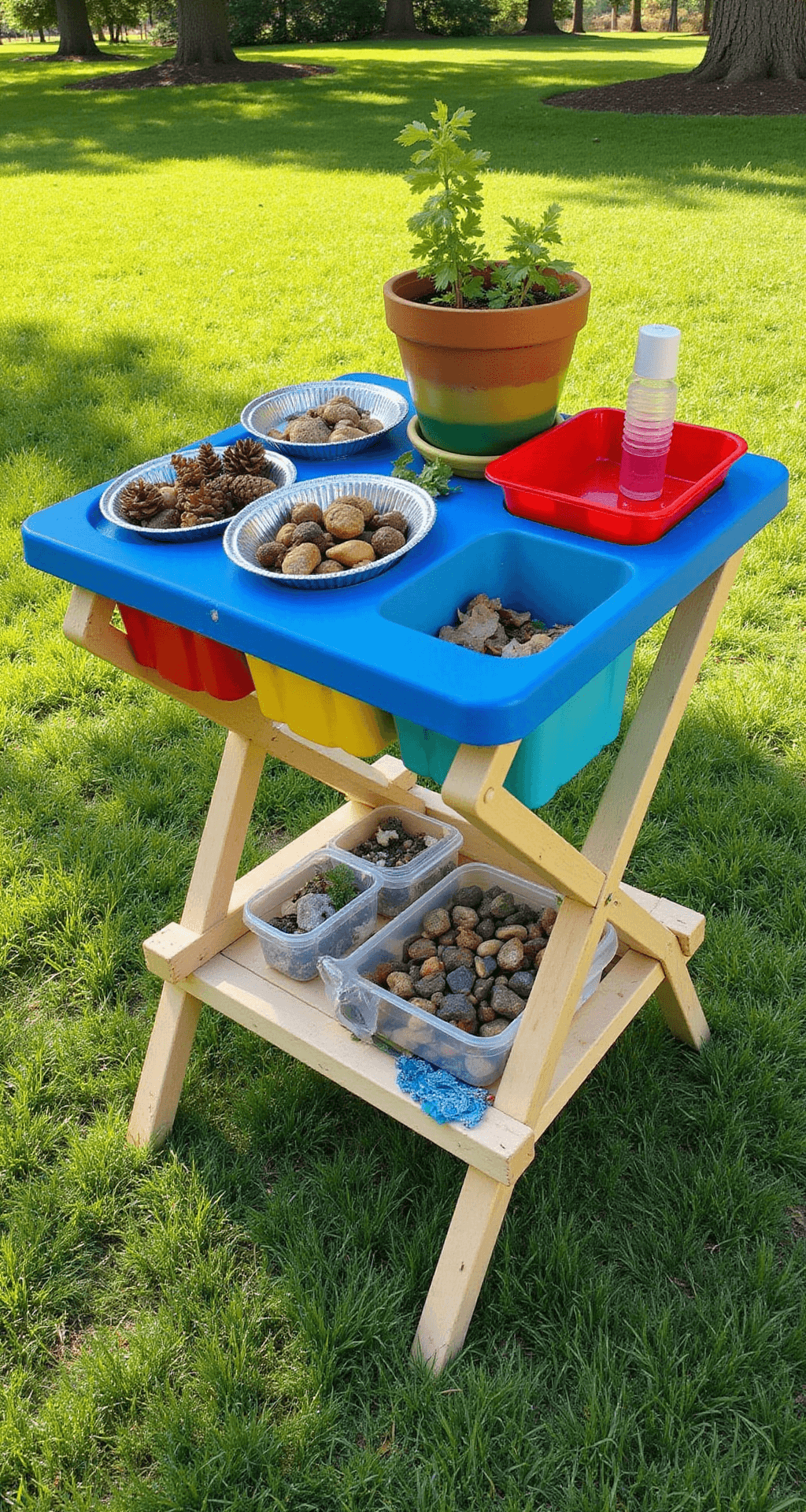 A compact portable mud kitchen set up on a lush lawn, featuring a 4ft folding table with colorful waterproof storage bins, organized natural play materials in vintage muffin tins, and labeled clear bins for sensory materials, all captured in bright morning light.