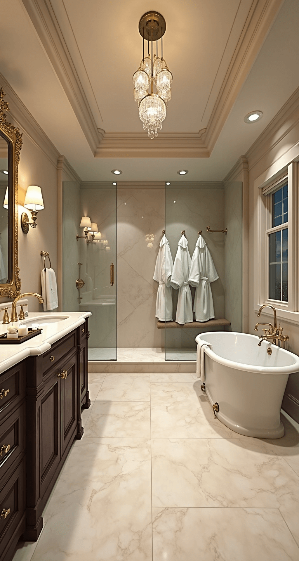 Opulent master bathroom with creamy travertine tiles, a massive walk-in shower with body jets, a deep soaking tub with gold-plated fixtures, dark mahogany double vanity with marble countertop, ornate gilded mirrors, crystal lighting, and plush robes, all designed for a luxury spa experience.
