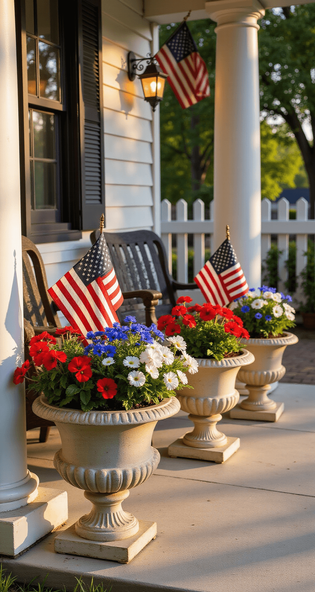 Covered porch with coordinated patriotic planters, featuring graduated ceramic urns of red geraniums, white petunias, and blue lobelia, accented by vintage American flags, captured in warm golden hour light with long shadows, creating a mood of classic garden elegance.