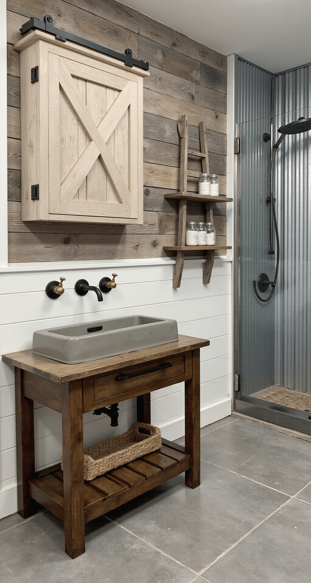 A rustic-chic bathroom featuring a weathered wood accent wall, white shiplap, large gray slate tile floor, reclaimed barn wood vanity with a concrete sink and brass faucets, a sliding barn door medicine cabinet, corrugated metal shower walls, mason jar storage, and a vintage ladder towel rack.