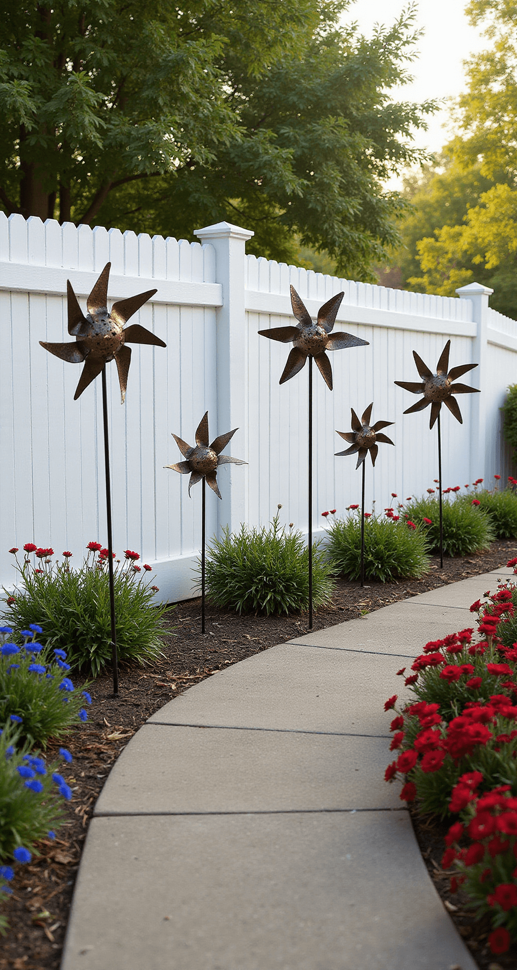 A whimsical garden pathway entrance featuring five metallic pinwheel-style star sculptures of varying sizes against a white picket fence. Red and blue flowering borders frame the scene, captured in early morning light with visible dew. The image is shot from ground level, looking upward to emphasize the movement of the stars, bathed in soft natural dawn lighting with subtle rim light.