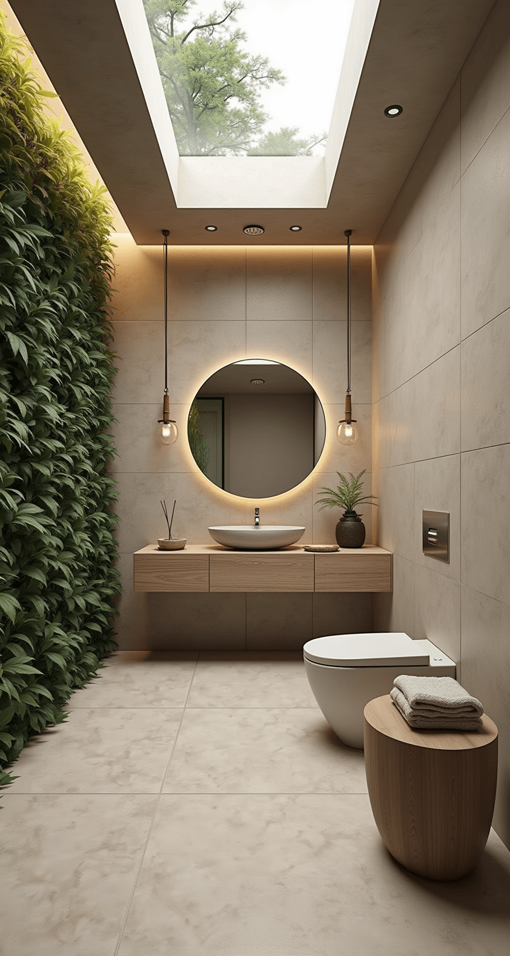 A serene zen-inspired bathroom featuring natural stone tiles, a spacious walk-in shower, a floor-to-ceiling living plant wall, a light bamboo floating vanity with a stone vessel sink, a large circular mirror, a wooden stool with towels, and soft indirect lighting from recessed LEDs and a skylight.