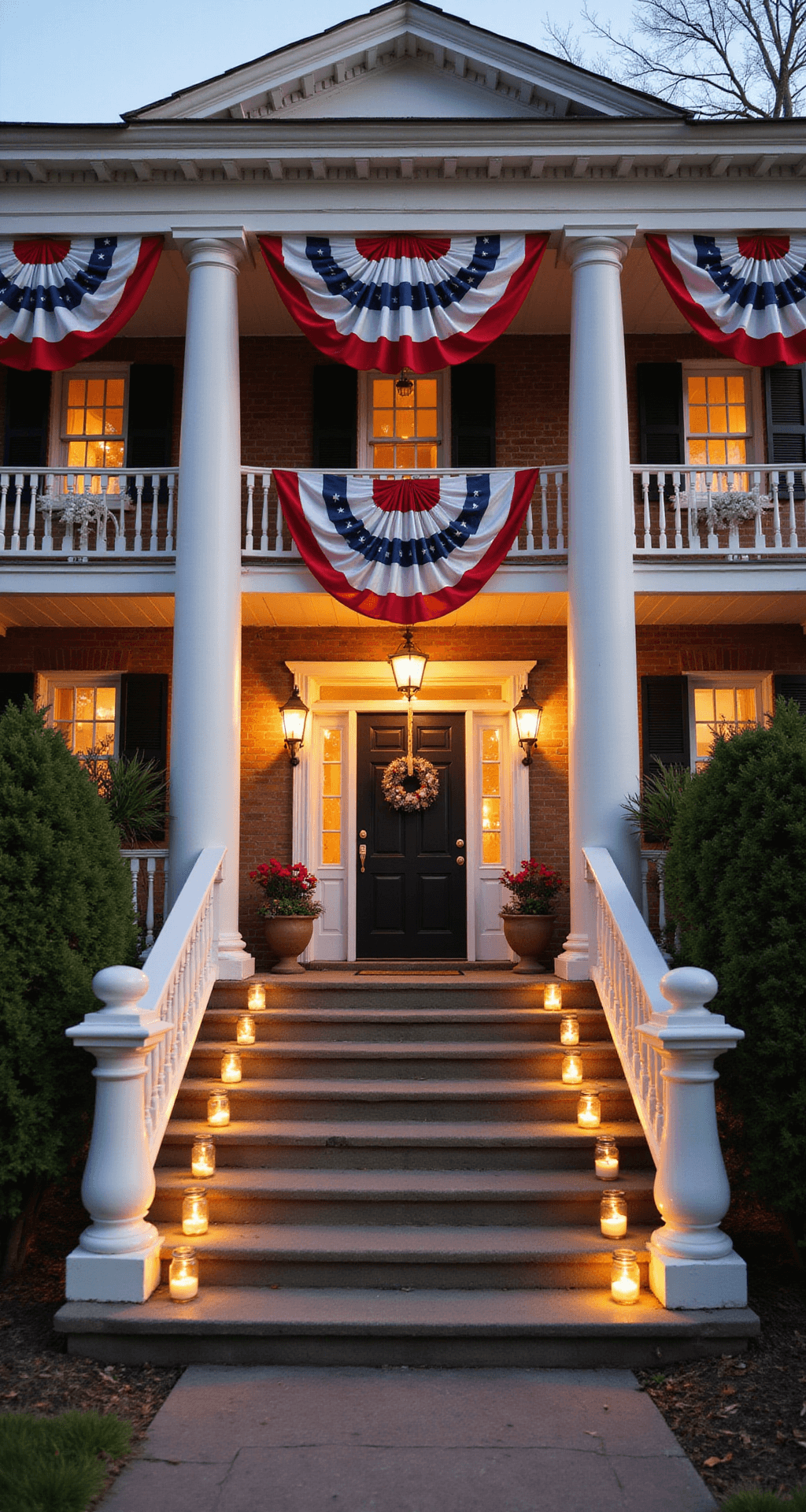 A grand front porch at golden hour, featuring classic white columns and cascading red, white, and blue bunting, with a large American flag above the entrance and mason jars with fairy lights on the steps, captured from a ground-level perspective.