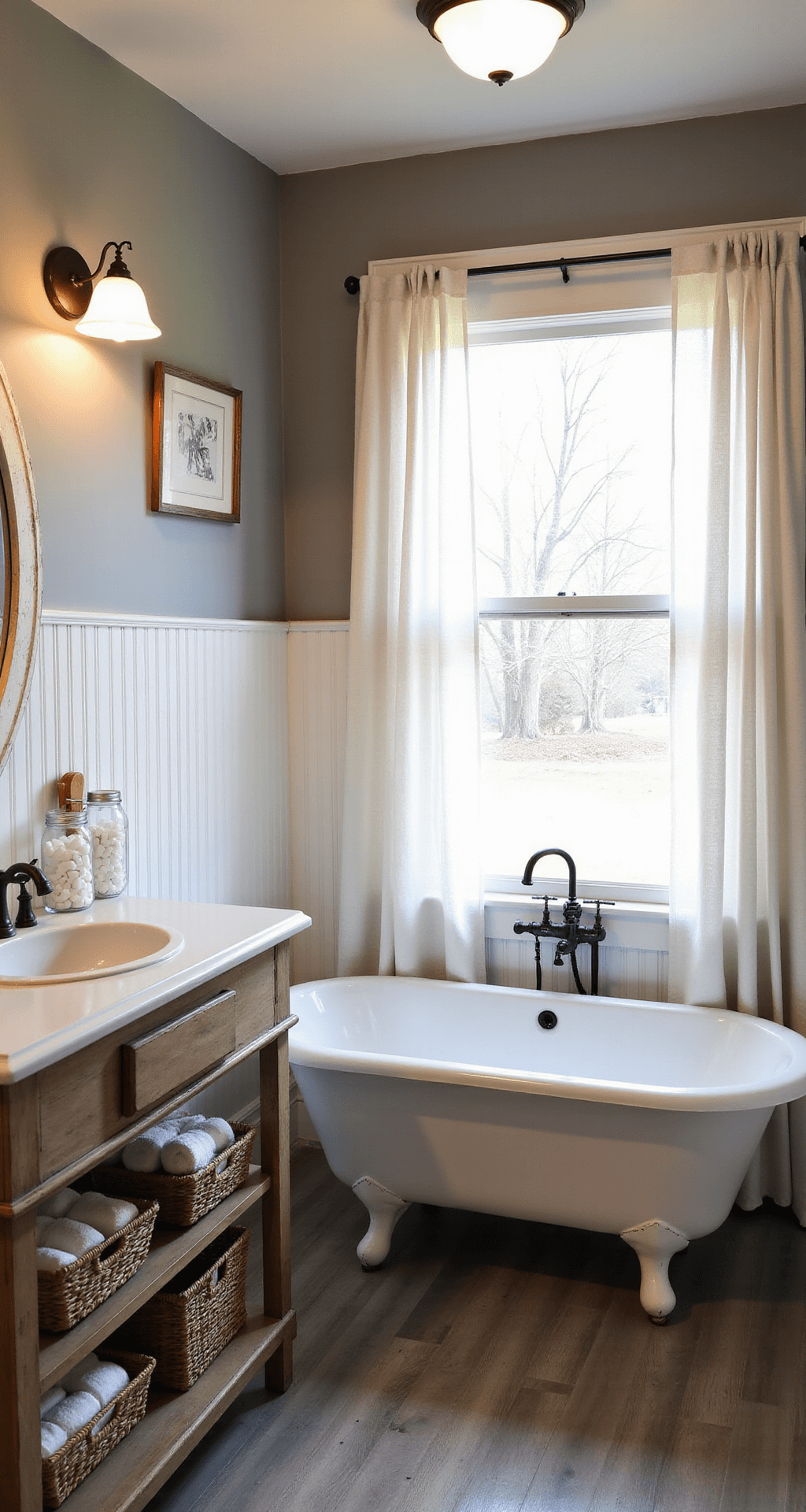 A cozy farmhouse-inspired bathroom featuring a clawfoot tub under a large window, soft dove gray shiplap walls, a rustic wood vanity with an oil-rubbed bronze faucet, and vintage-style wall sconces casting a warm glow.