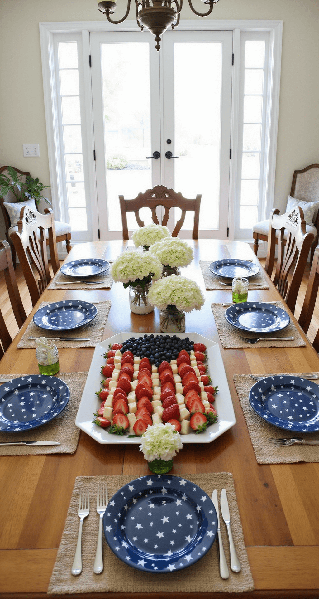 Bright, airy dining room with French doors open to a patio, featuring an 8ft farmhouse table set with a handcrafted American flag fruit platter, melamine star-patterned plates, and white hydrangeas in mason jars, shot from above to highlight the geometric arrangement and natural daylight.