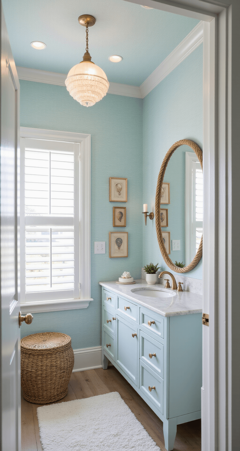 Coastal-inspired powder room with pale blue grasscloth wallpaper, a marble floating vanity, brass hardware, shell chandelier, oval rope-framed mirror, vintage seashell prints, and a woven rattan stool, illuminated by recessed lighting.