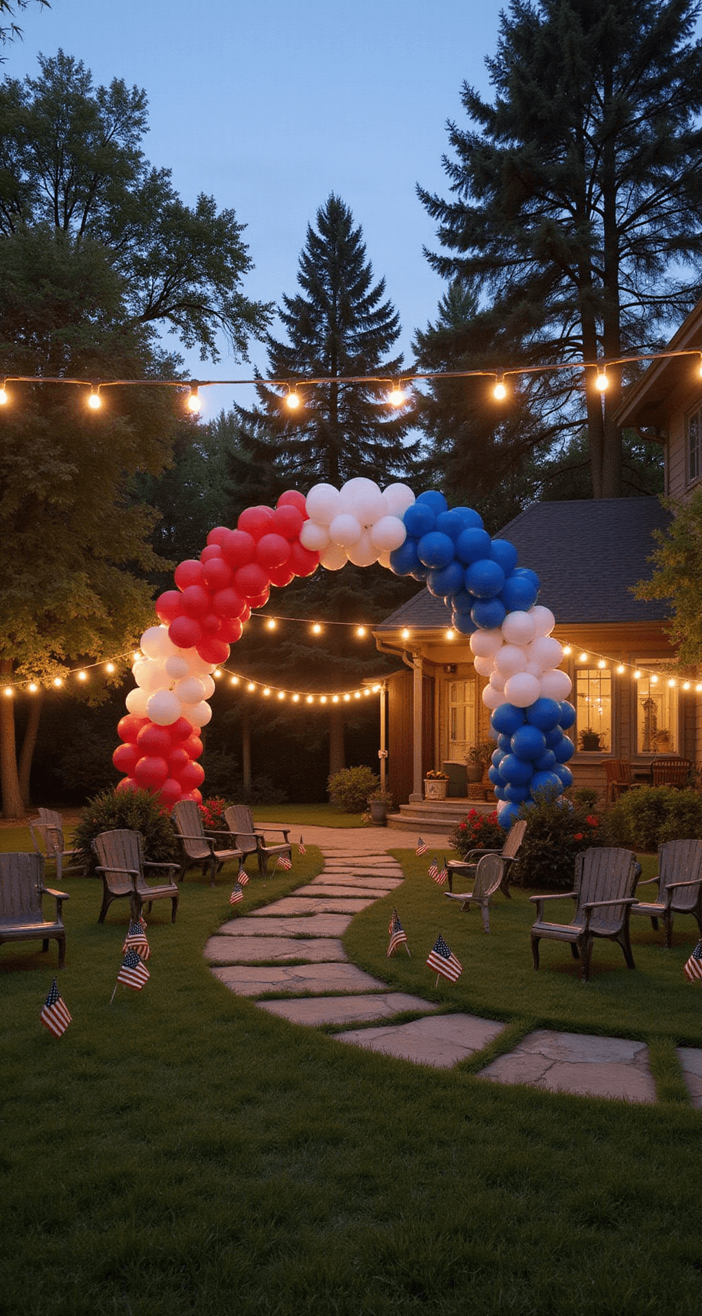 Expansive backyard lawn at dusk featuring a vibrant 12ft balloon arch in red, white, and blue, with string lights overhead and mini American flags lining a stone pathway, creating a magical and anticipatory atmosphere.