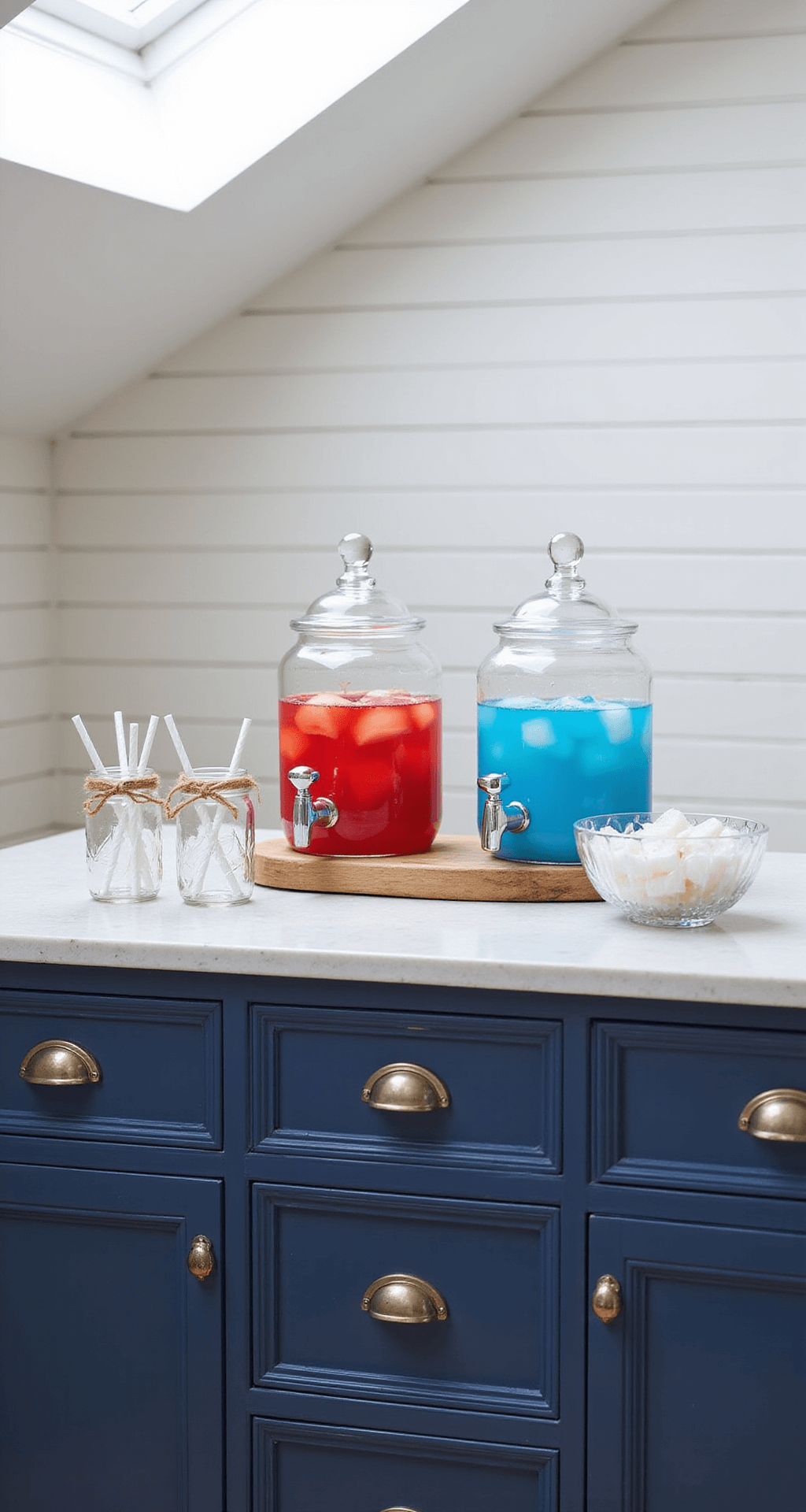 Modern open-concept kitchen with white shiplap walls, featuring a navy blue sideboard styled as a beverage station with glass drink dispensers of red punch and blue lemonade, star-shaped ice cubes in crystal bowls, and white paper straws in mason jars wrapped in twine, illuminated by bright natural light from a skylight above.
