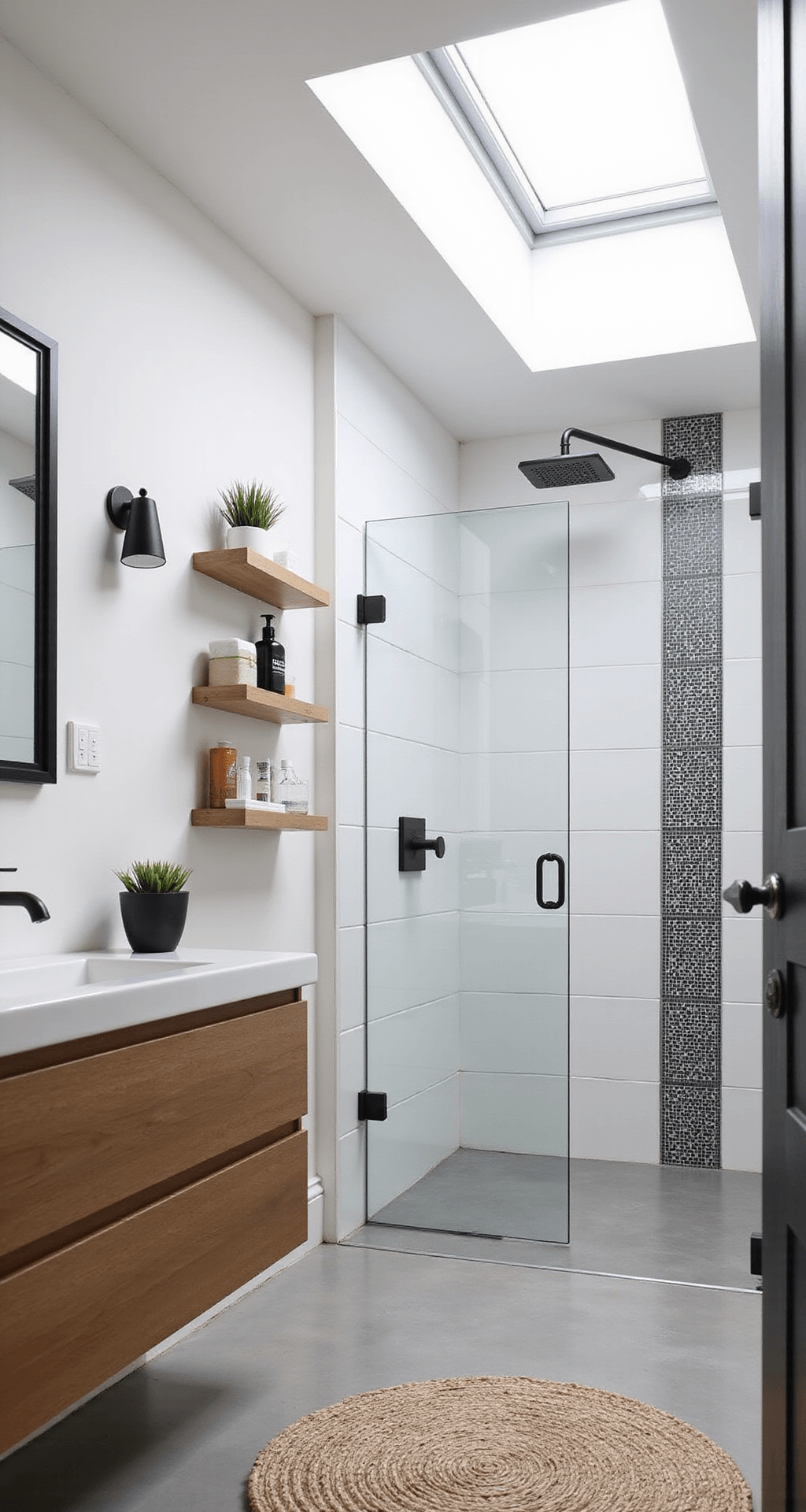 Sleek Scandinavian-style bathroom featuring natural light from a skylight, white porcelain tile walls, warm oak floating vanity, matte black fixtures, and a geometric tile accent wall in the walk-in shower, with minimalist decor and a soft gray woven rug.
