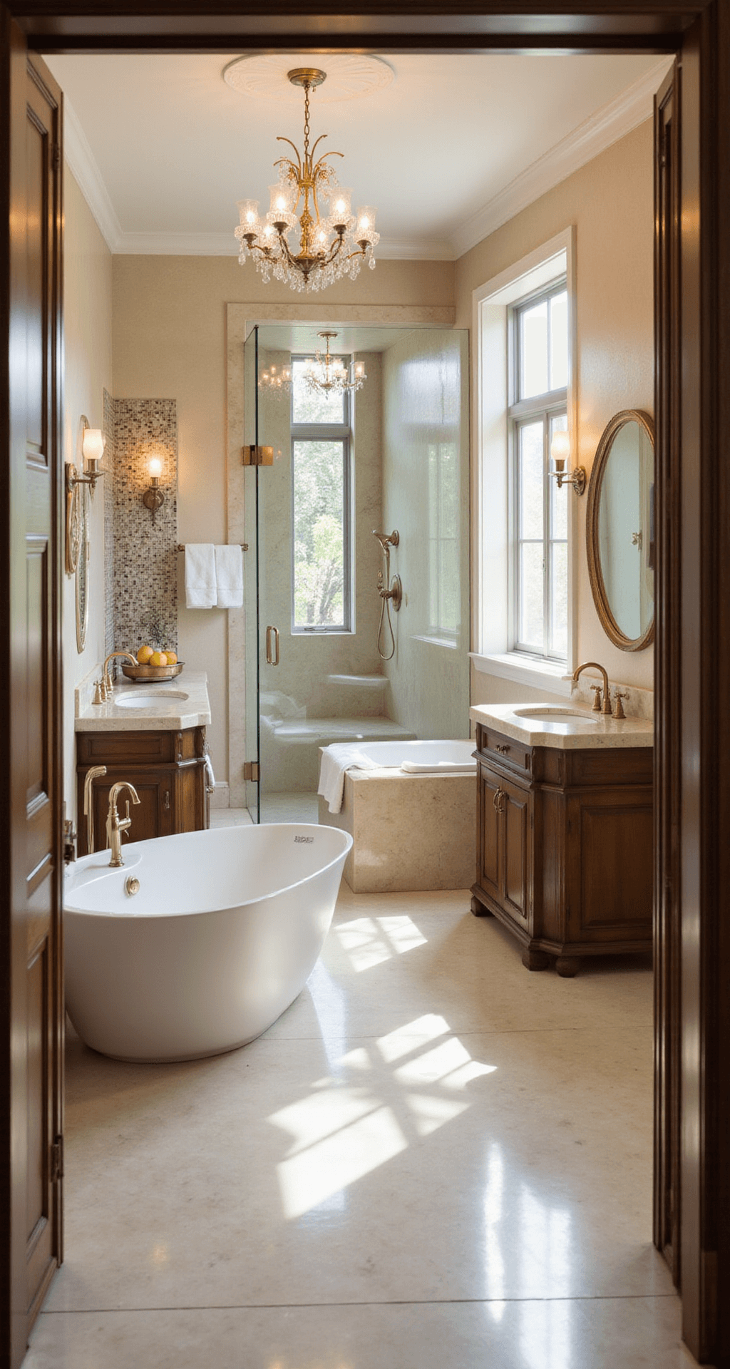 A luxurious master bathroom featuring creamy marble tiles, a freestanding oval tub, a double walnut vanity with quartzite counters, backlit round mirrors, a glass-enclosed shower, and an elegant chandelier, all bathed in warm afternoon light.