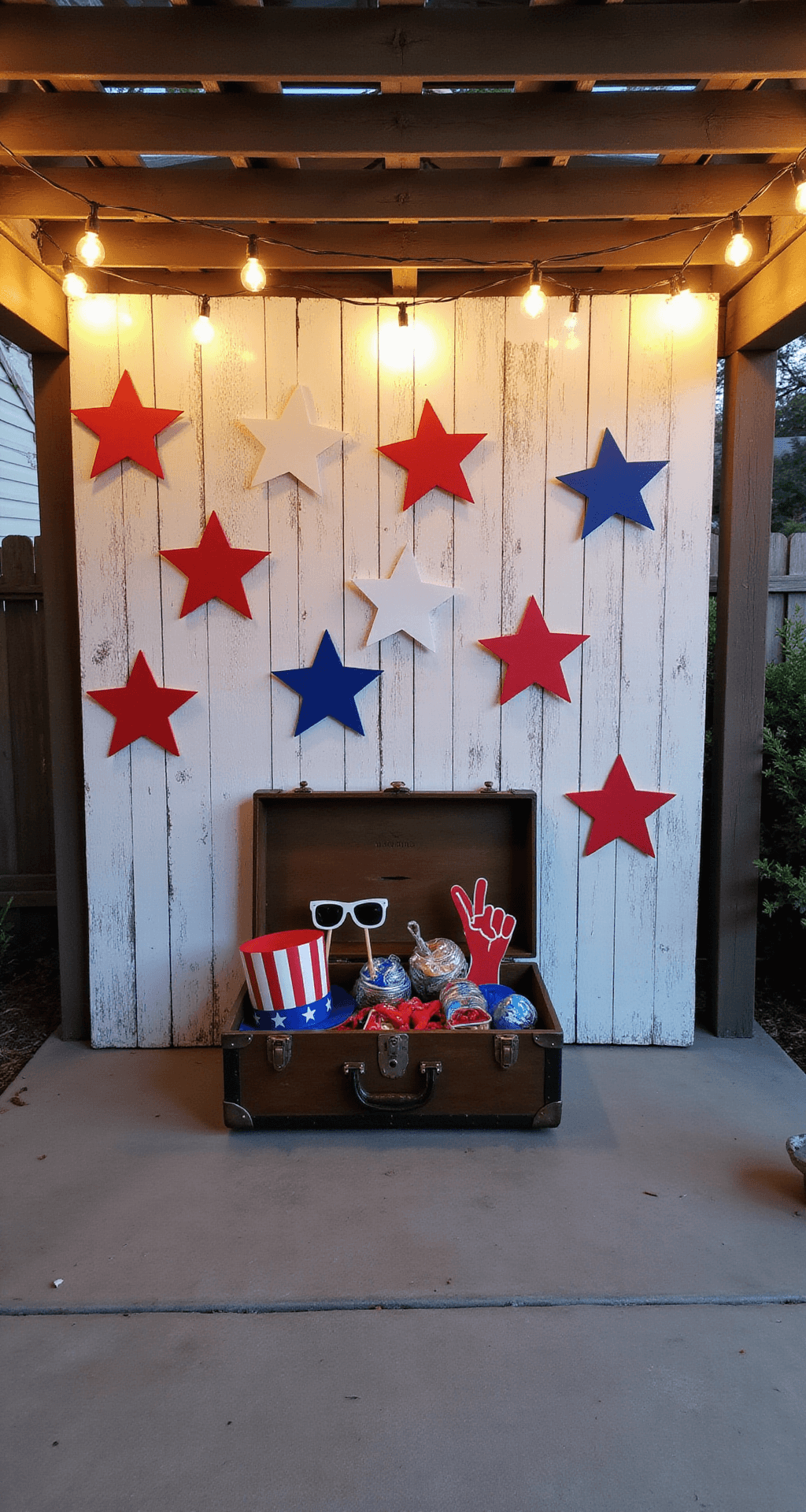 Intimate covered patio set up as a playful photo booth, featuring a distressed white wooden backdrop adorned with oversized red and blue paper stars, a vintage trunk filled with patriotic props, and market lights strung overhead for warm evening illumination.