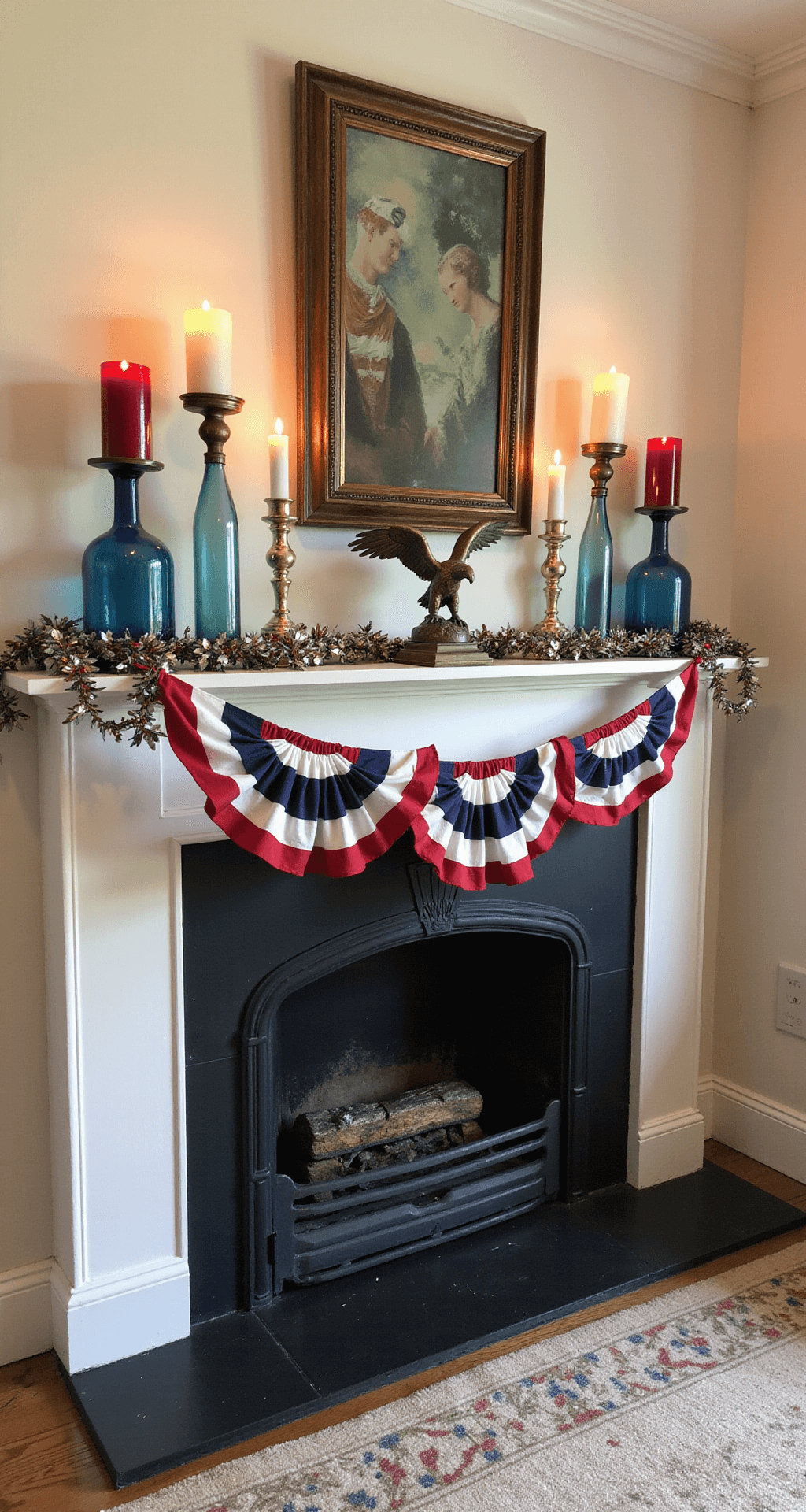 Classic sitting room featuring a beautifully decorated fireplace mantel for July 4th, adorned with layered bunting, hurricane vases with red and white candles, metallic star garland, and a brass eagle statue, all illuminated by natural late afternoon light and candle glow.