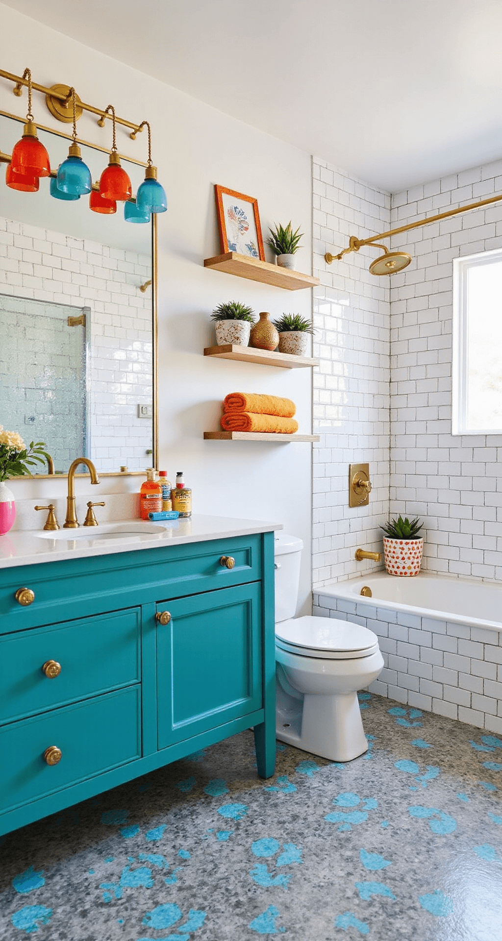 A vibrant family bathroom featuring playful pendant lights, white subway tiles with dark grout, blue and gray patterned cement floor tiles, a teal double vanity with brass hardware, a large mirror with colorful artwork and plants, a whimsical tub-shower with fish-scale tiles, and bright towels for a cheerful atmosphere.