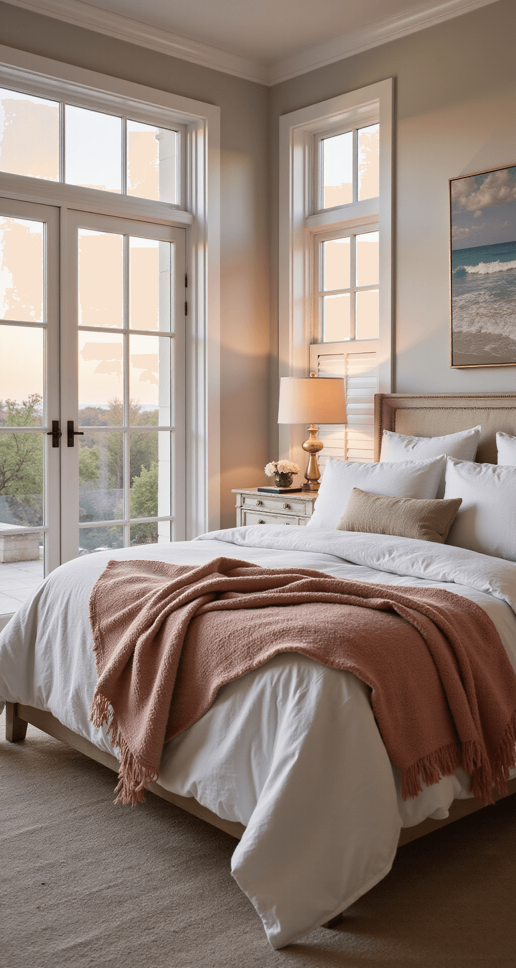 A breezy master bedroom featuring floor-to-ceiling windows, light linen bedding in white and sandy beige, textured coral throws, weathered white nightstands with brass lamps, and ocean-inspired artwork, captured at sunset with natural and warm ambient light.