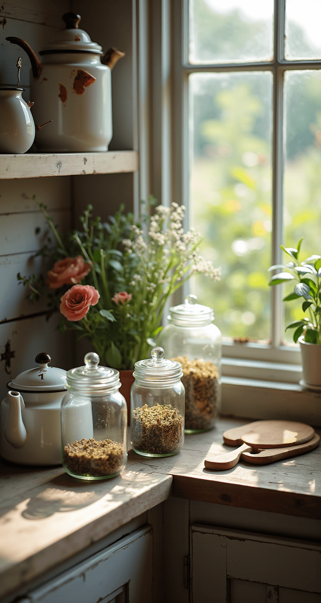 An aerial view of a cozy herbal tea brewing station in a mud kitchen, featuring vintage enamelware teapots, organized natural materials in wooden dividers, and mason jars filled with dried flowers and herbs, illuminated by afternoon light. A soft-focus mature herb garden is visible in the background, with a color palette of muted pastels, weathered whites, and botanical greens, evoking a traditional cottage garden aesthetic.