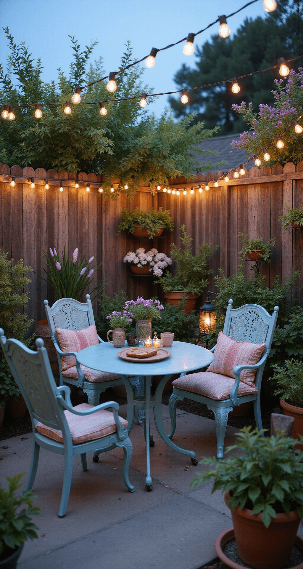 A charming 9x9ft patio at blue hour featuring a vintage metal bistro set in duck egg blue, market lights overhead, lush English cottage-style plants in antique terra cotta containers, weathered wood privacy screens, and soft textiles in muted florals and stripes.