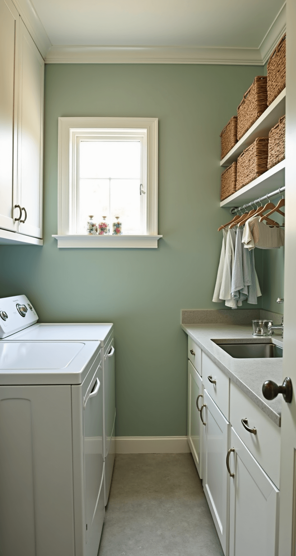 Compact laundry room with white stacked washer-dryer units, sunlight filtering through a small window, floor-to-ceiling white cabinets, light gray quartz countertop with colorful laundry pods, woven seagrass baskets on open shelves, soft sage green walls, and a retractable clothesline with delicate garments.