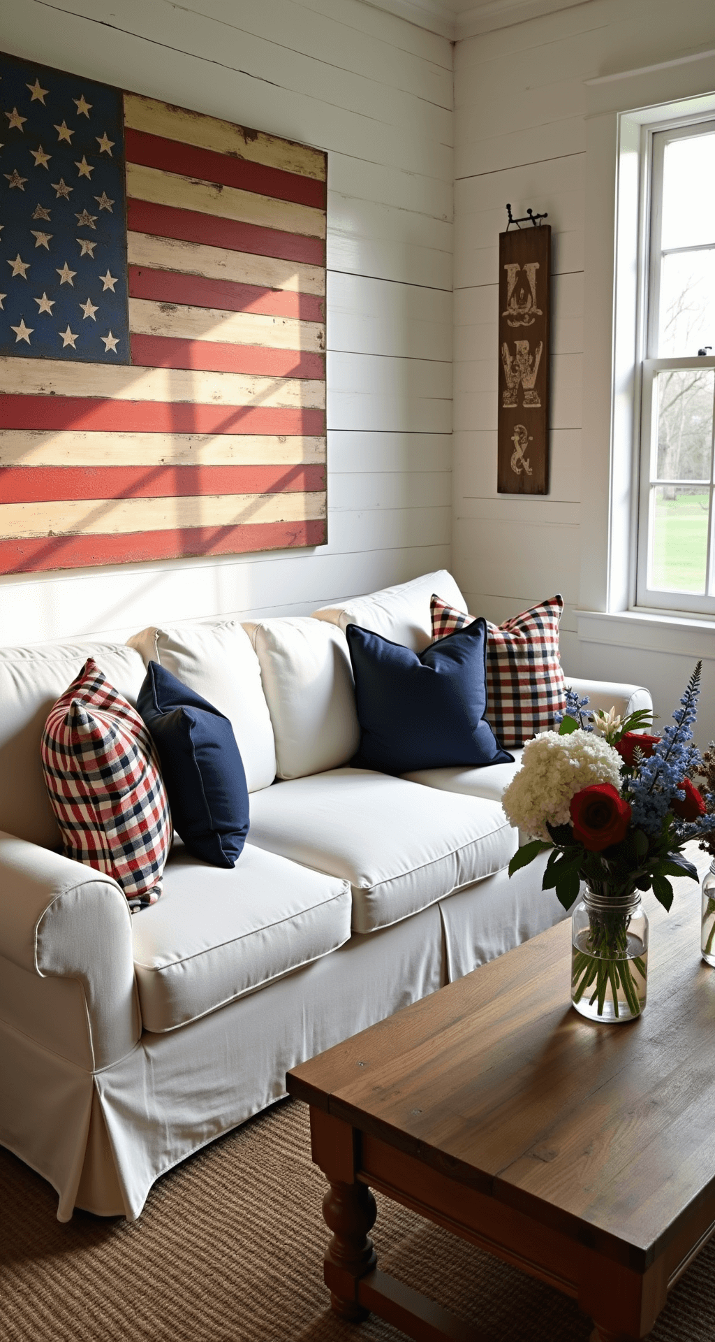 A sunlit farmhouse living room with white shiplap walls, an oversized distressed American flag, and vintage signs. A cream linen sofa is centered on a jute rug, adorned with navy and crimson pillows. A coffee table features mason jars of flowers, and natural light creates shadows through colonial windows.