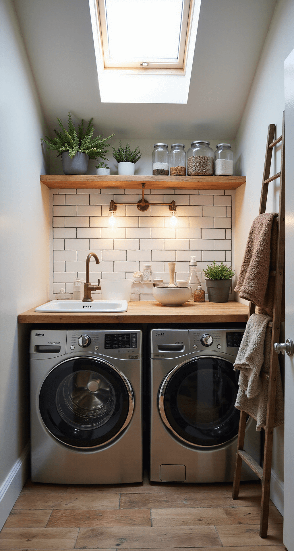 A cozy alcove laundry space with a stainless steel washer and dryer, butcher block countertop, farmhouse sink with brass faucet, open wooden shelves holding glass jars and succulents, and a vintage ladder draped with towels, all illuminated by warm afternoon light streaming through a skylight.