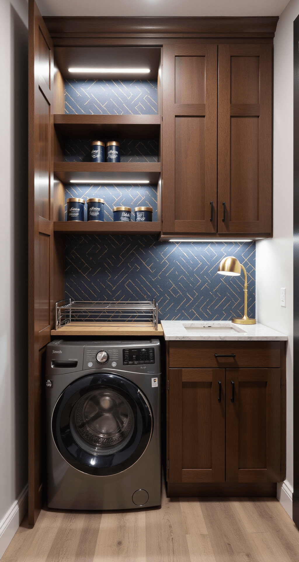 A stylish laundry nook with a gunmetal gray all-in-one washer-dryer, highlighted by soft LED strip lighting, bold navy and gold geometric wallpaper, rich walnut cabinets, a marble countertop with a brass lamp, and organized laundry essentials in matching containers.
