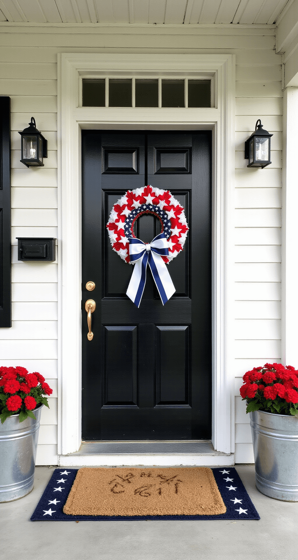 A traditional covered porch featuring white colonial columns and a glossy black door adorned with a handcrafted patriotic wreath. Layered seagrass and stars/stripes doormats are visible, along with matching galvanized planters filled with red geraniums, all bathed in soft morning light.